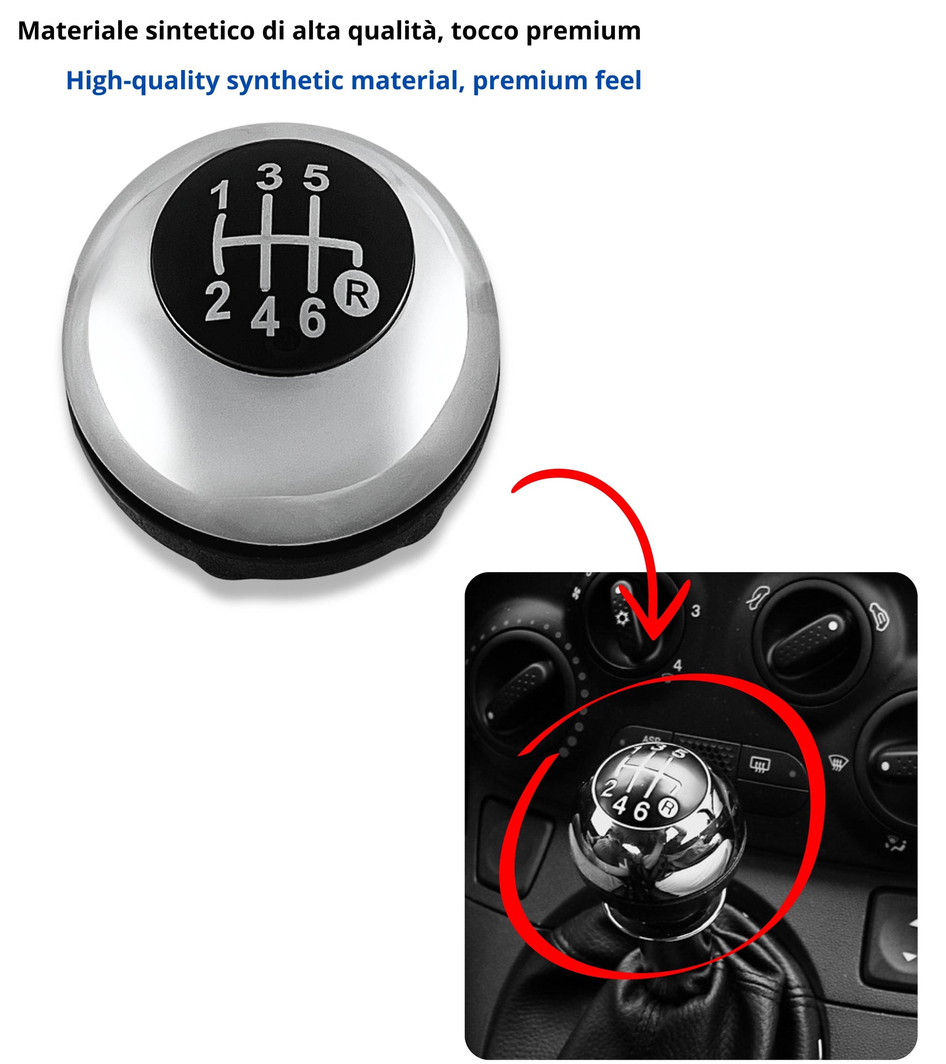Pomello Leva Cambio 6 Marce Compatibile con Fiat 500 (312) e 500C dal 2007 in poi, Colore Argento Lucido, OEM 55344048