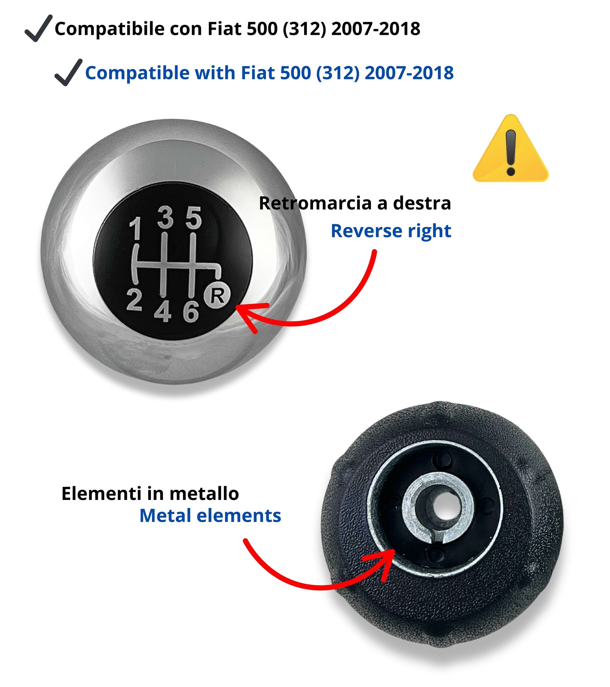 Pomello Leva Cambio 6 Marce Compatibile con Fiat 500 (312) e 500C dal 2007 in poi, Colore Argento Lucido, OEM 55344048