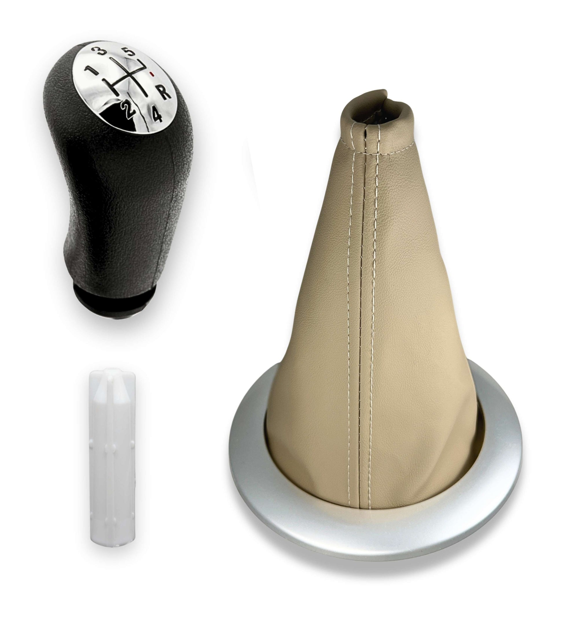 Kit Pomello Leva Cambio 5 Marce, Cuffia Beige Cornice Argento Satinata, Ghiera e Adattatore, Compatibile con Renault Megane II 2002–2009