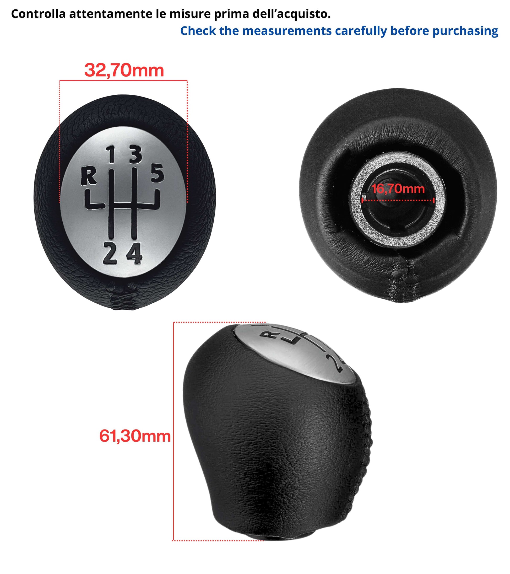 Pomello Leva Cambio 5 Marce Compatibile con Renault Clio III, Scenic Megane Dacia Duster, Rivestimento Nero, Cuciture Nere, Retro in Alto e Sinistra