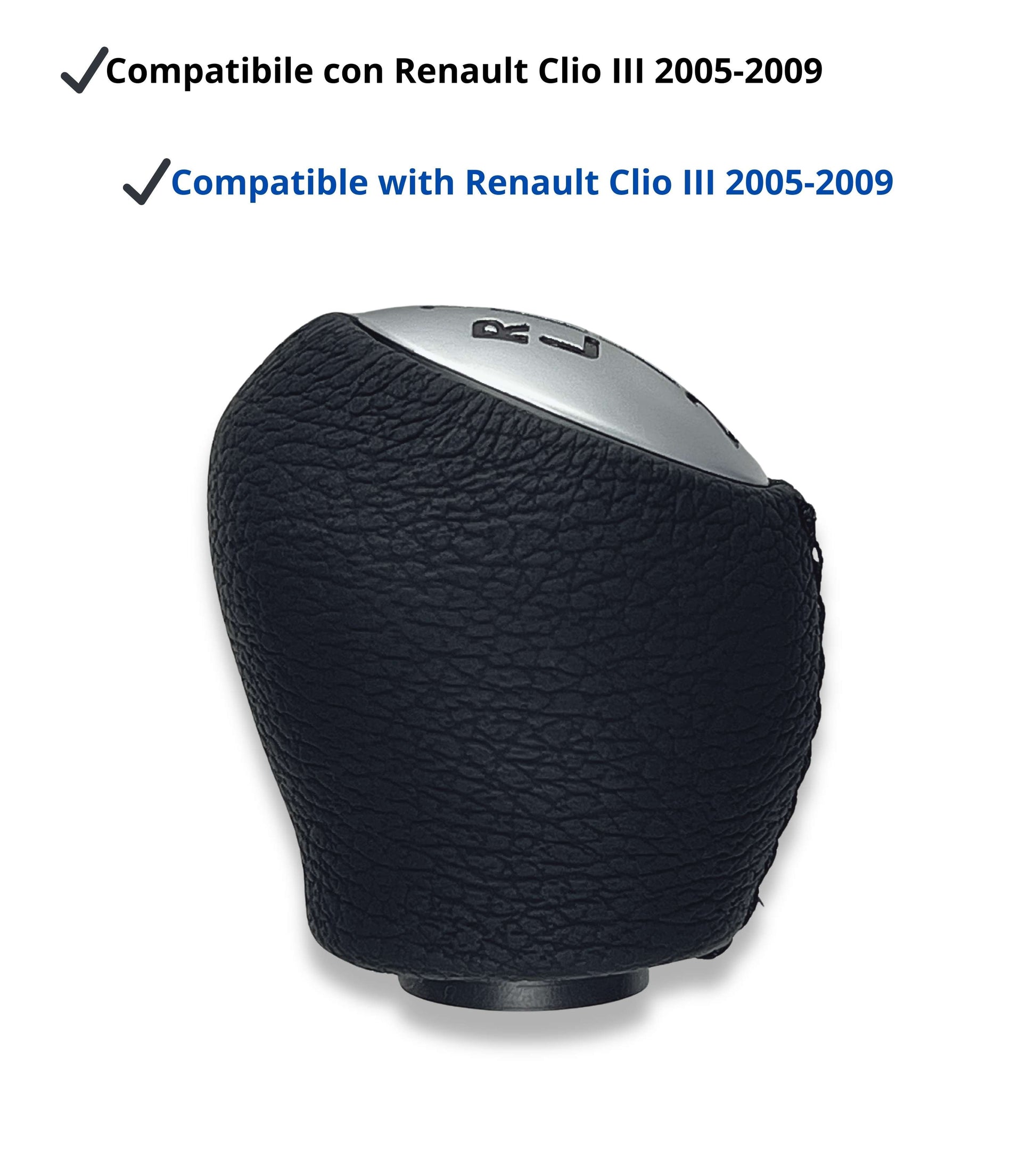 Pomello Leva Cambio 5 Marce Compatibile con Renault Clio III, Scenic Megane Dacia Duster, Rivestimento Nero, Cuciture Nere, Retro in Alto e Sinistra