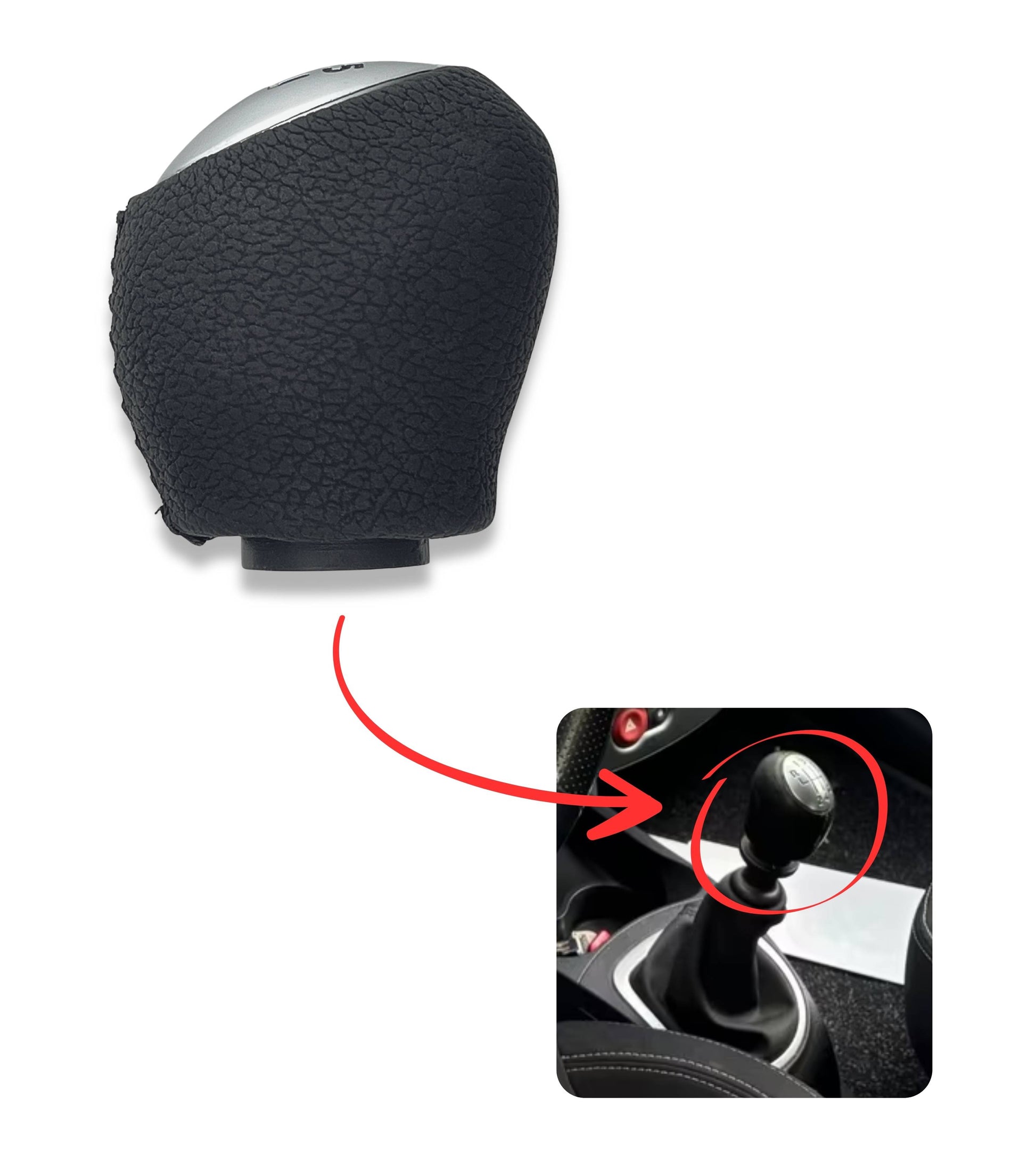 Pomello Leva Cambio 5 Marce Compatibile con Renault Clio III, Scenic Megane Dacia Duster, Rivestimento Nero, Cuciture Nere, Retro in Alto e Sinistra