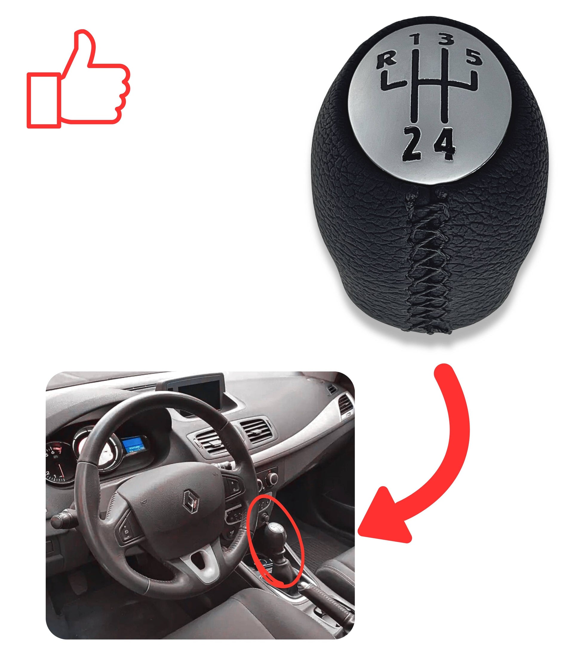 Pomello Leva Cambio 5 Marce Compatibile con Renault Clio III, Scenic Megane Dacia Duster, Rivestimento Nero, Cuciture Nere, Retro in Alto e Sinistra