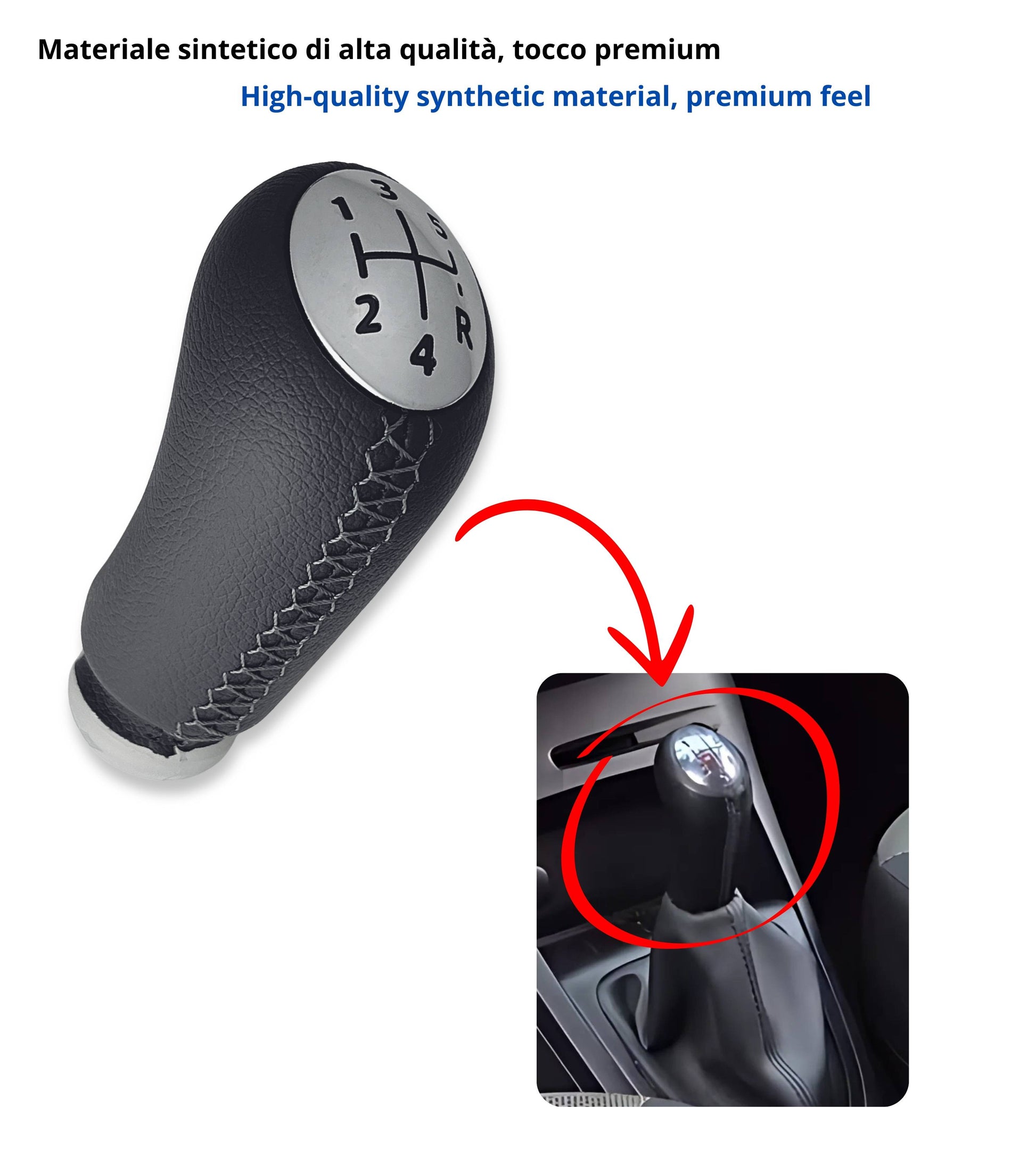 Pomello Leva Cambio 5 Marce con Cuciture Grigie Compatibile con Renault Captur I 2013–2019, Compatibile con OEM 328651808R, Retromarcia in Basso a Dx