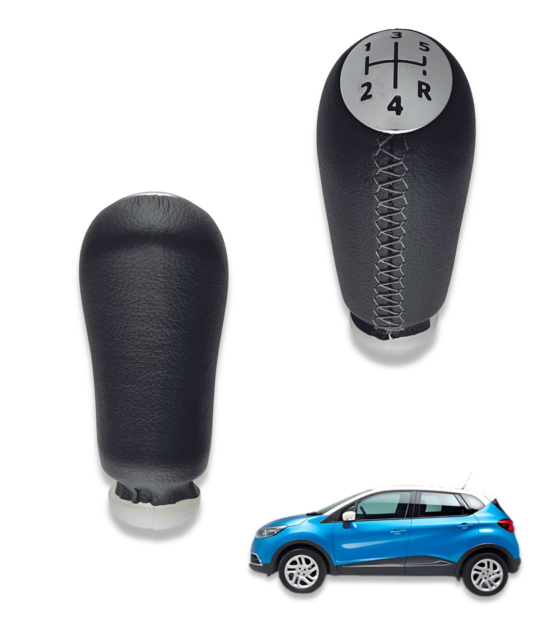 Pomello Leva Cambio 5 Marce con Cuciture Grigie Compatibile con Renault Captur I 2013–2019, Compatibile con OEM 328651808R, Retromarcia in Basso a Dx
