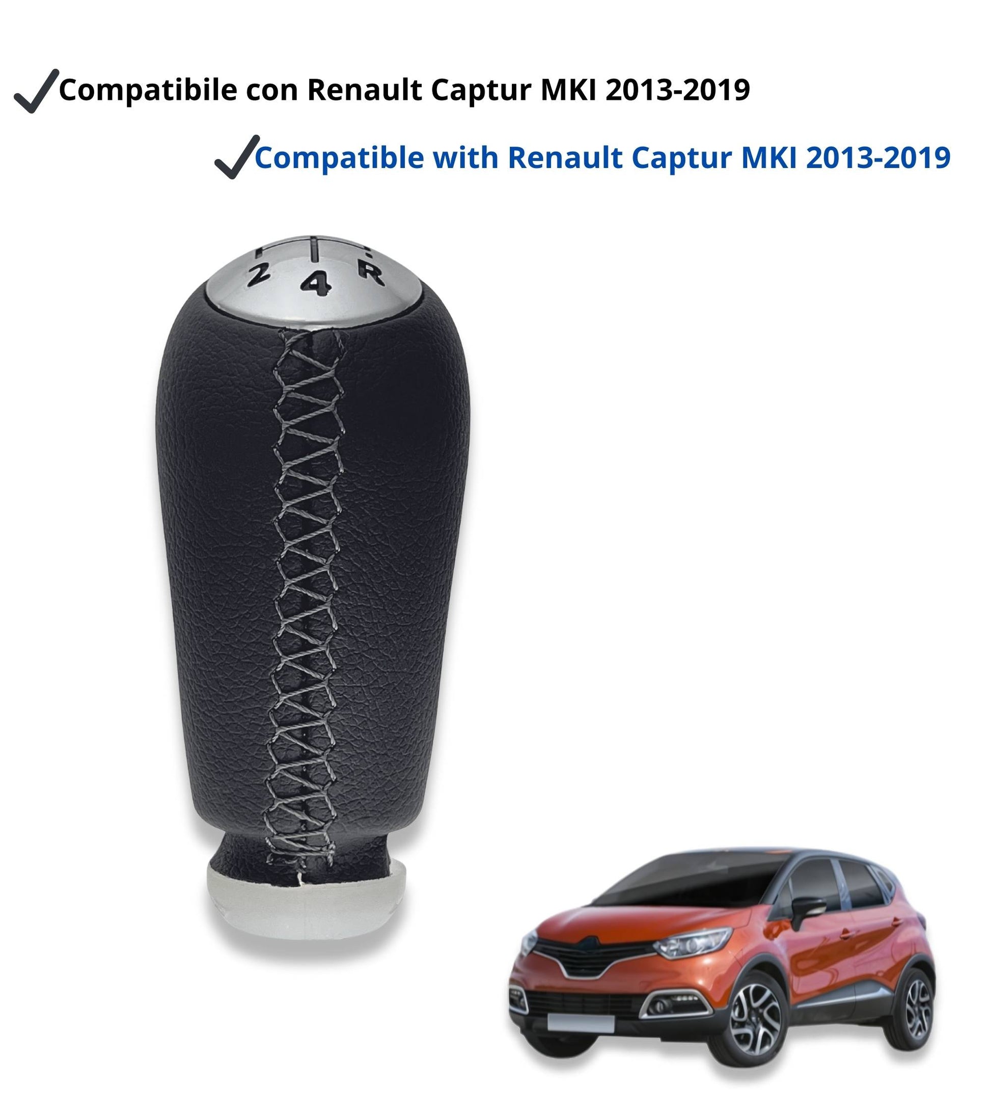 Pomello Leva Cambio 5 Marce con Cuciture Grigie Compatibile con Renault Captur I 2013–2019, Compatibile con OEM 328651808R, Retromarcia in Basso a Dx