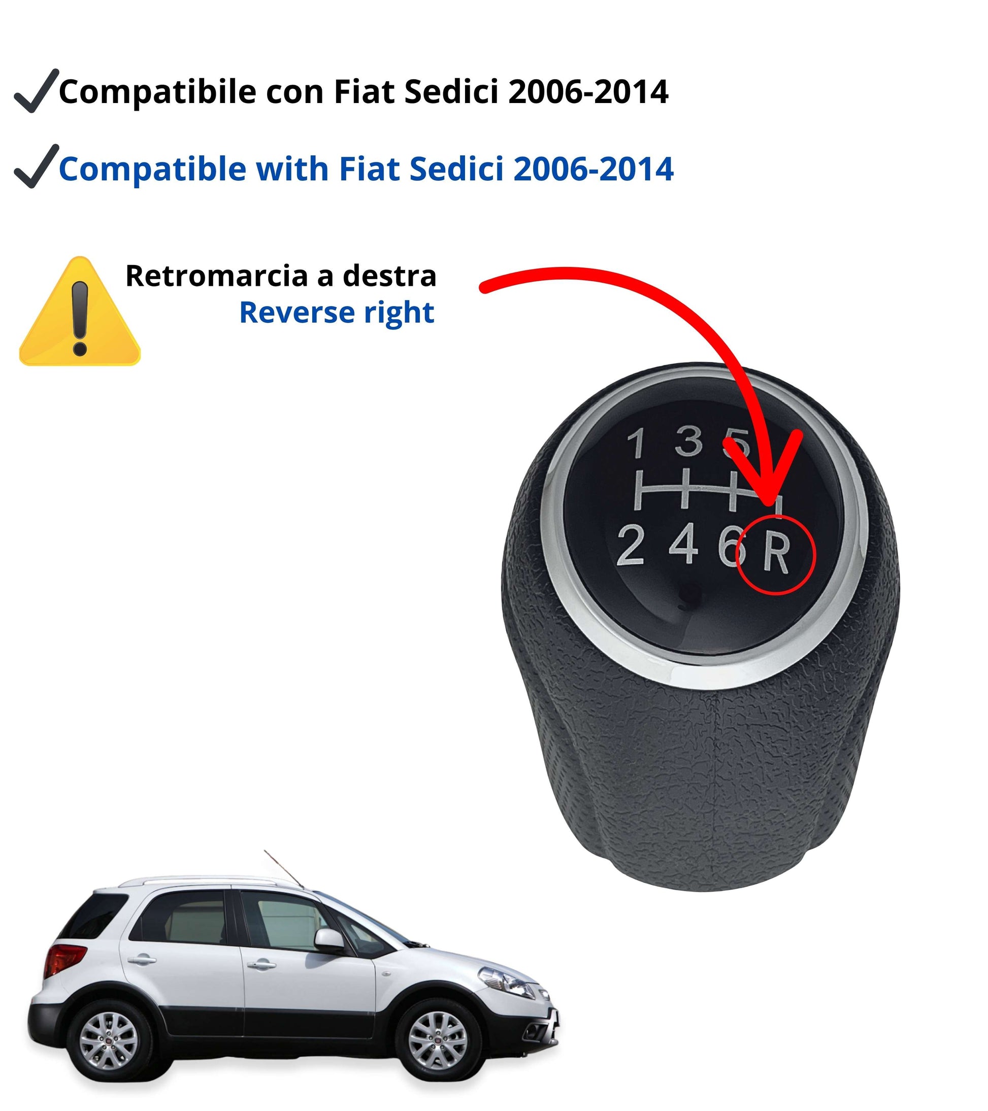 Pomello Leva Cambio 6 Marce Compatibile con Fiat Sedici 2006–2014, Nero con Finiture Argento, Retromarcia a Destra, Filettatura Integrata