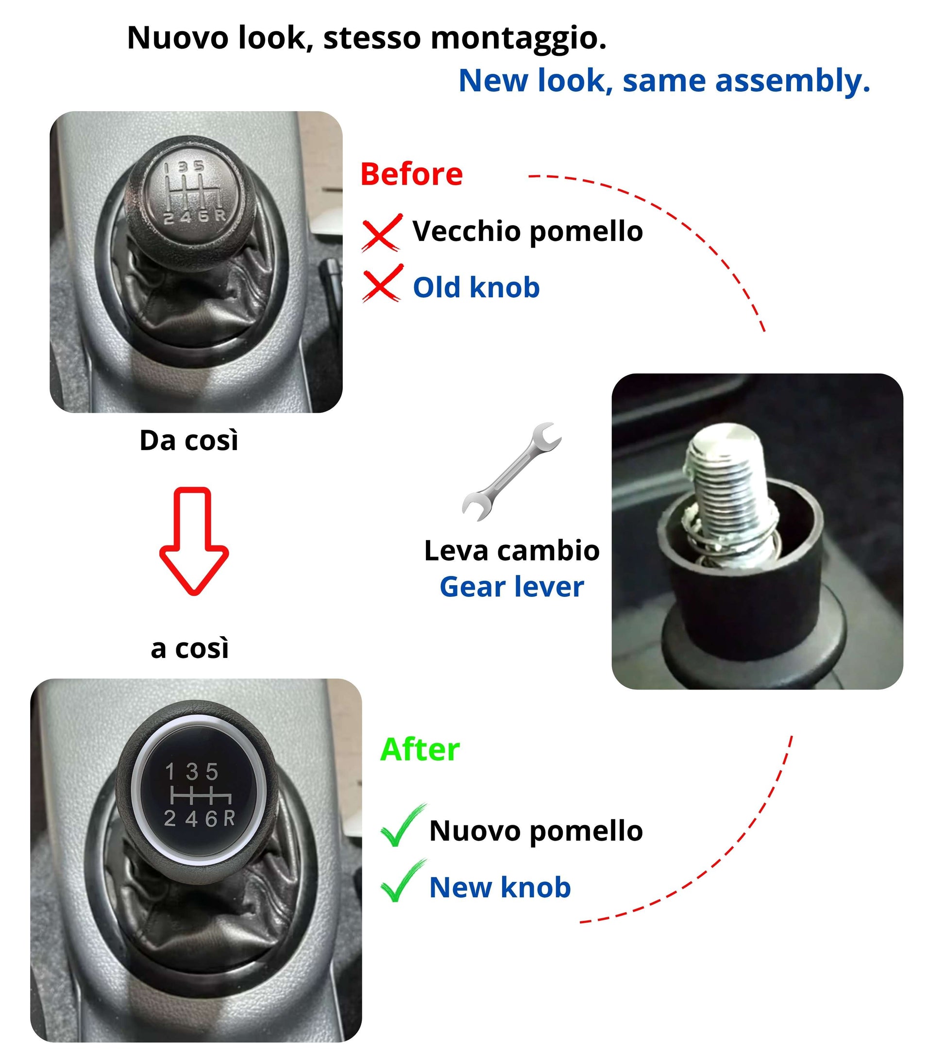 Pomello Leva Cambio 6 Marce Compatibile con Fiat Sedici 2006–2014, Nero con Finiture Argento, Retromarcia a Destra, Filettatura Integrata