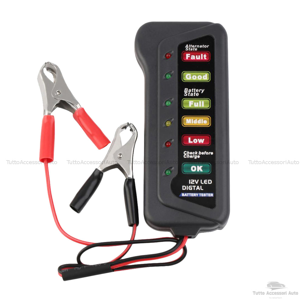 Tester per Batteria Auto Da12 V con Display 6 Luci Led e Alternatore Digitale Dispositivo Multi Funzione con Morsetti per Auto e Moto
