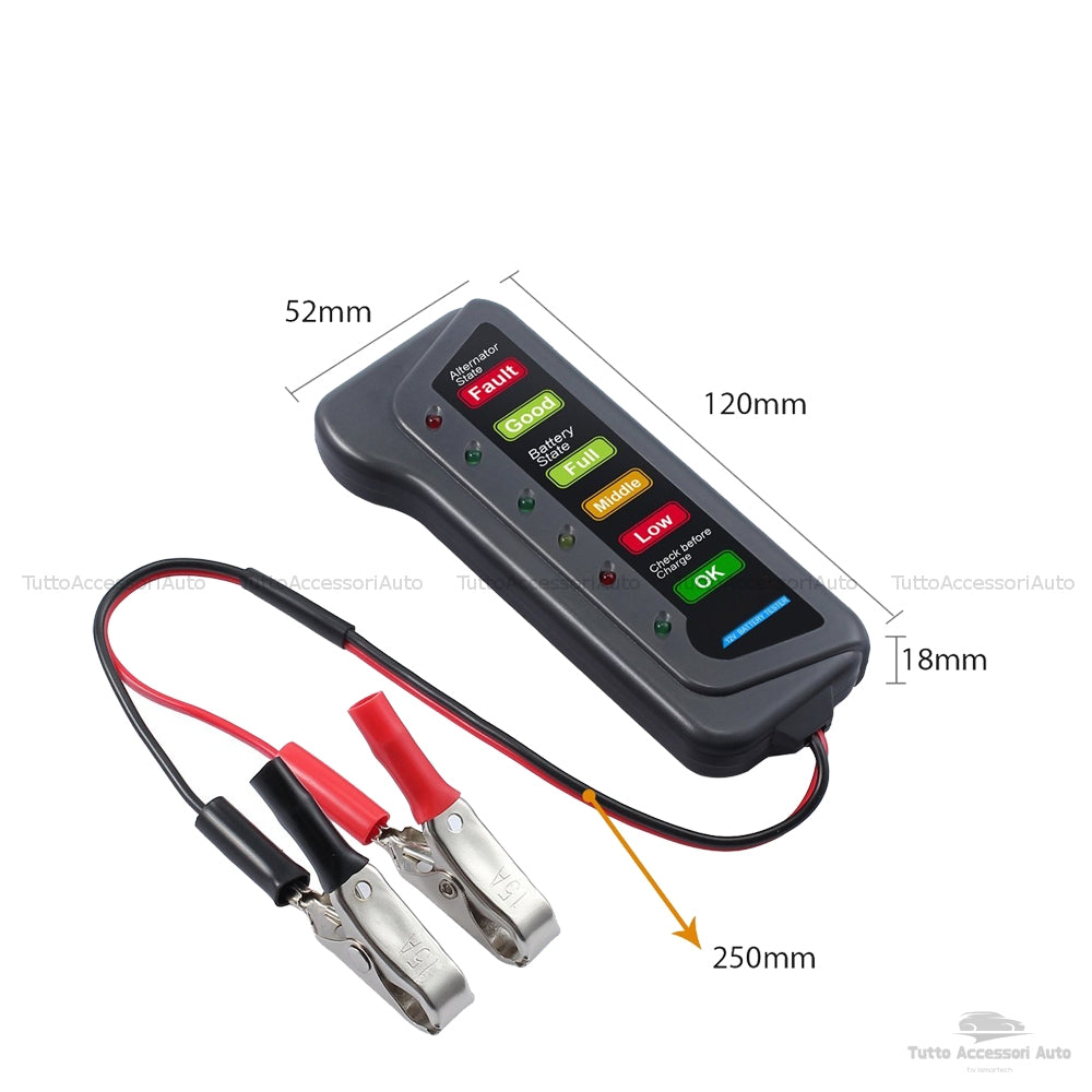 Tester per Batteria Auto Da12 V con Display 6 Luci Led e Alternatore Digitale Dispositivo Multi Funzione con Morsetti per Auto e Moto