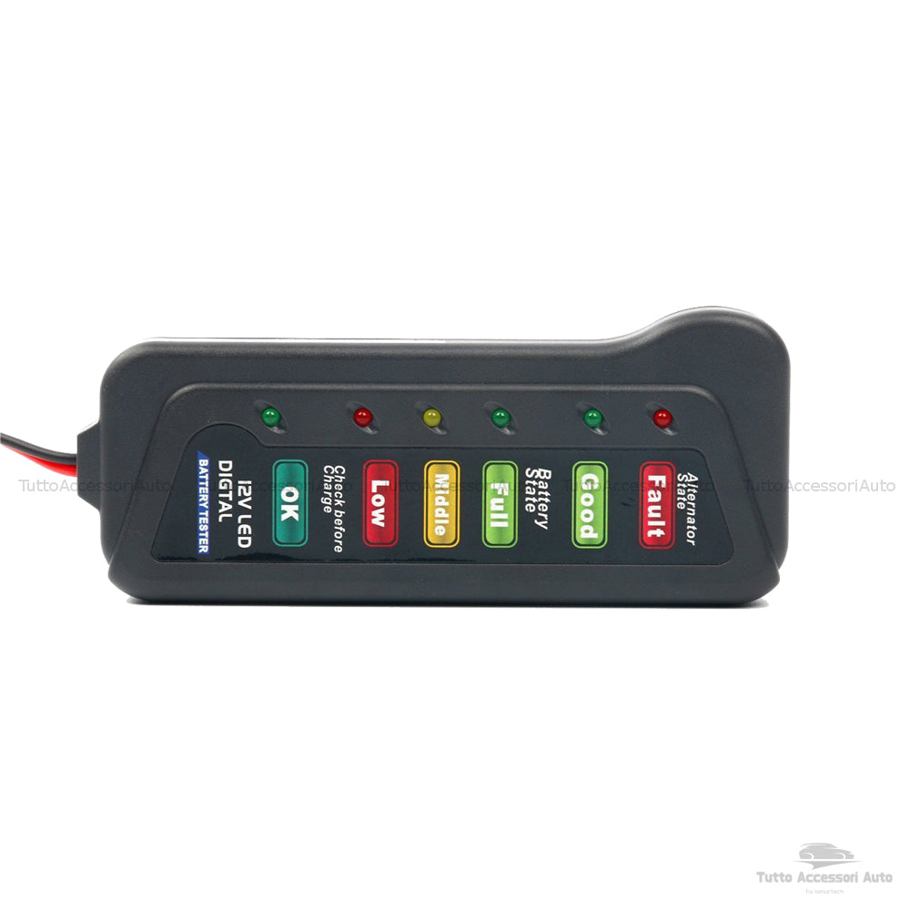 Tester per Batteria Auto Da12 V con Display 6 Luci Led e Alternatore Digitale Dispositivo Multi Funzione con Morsetti per Auto e Moto