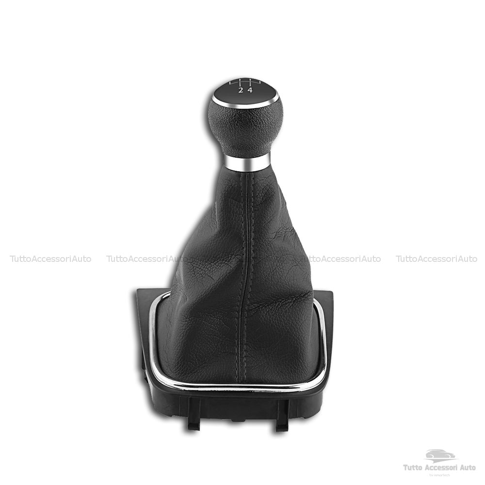 Set Completo Pomello Leva Cambio Manuale 5 Marce + Cuffia Similpelle Cuciture Nere + Telaio Ricambio Auto Nero Rifiniture Pomello Chrome