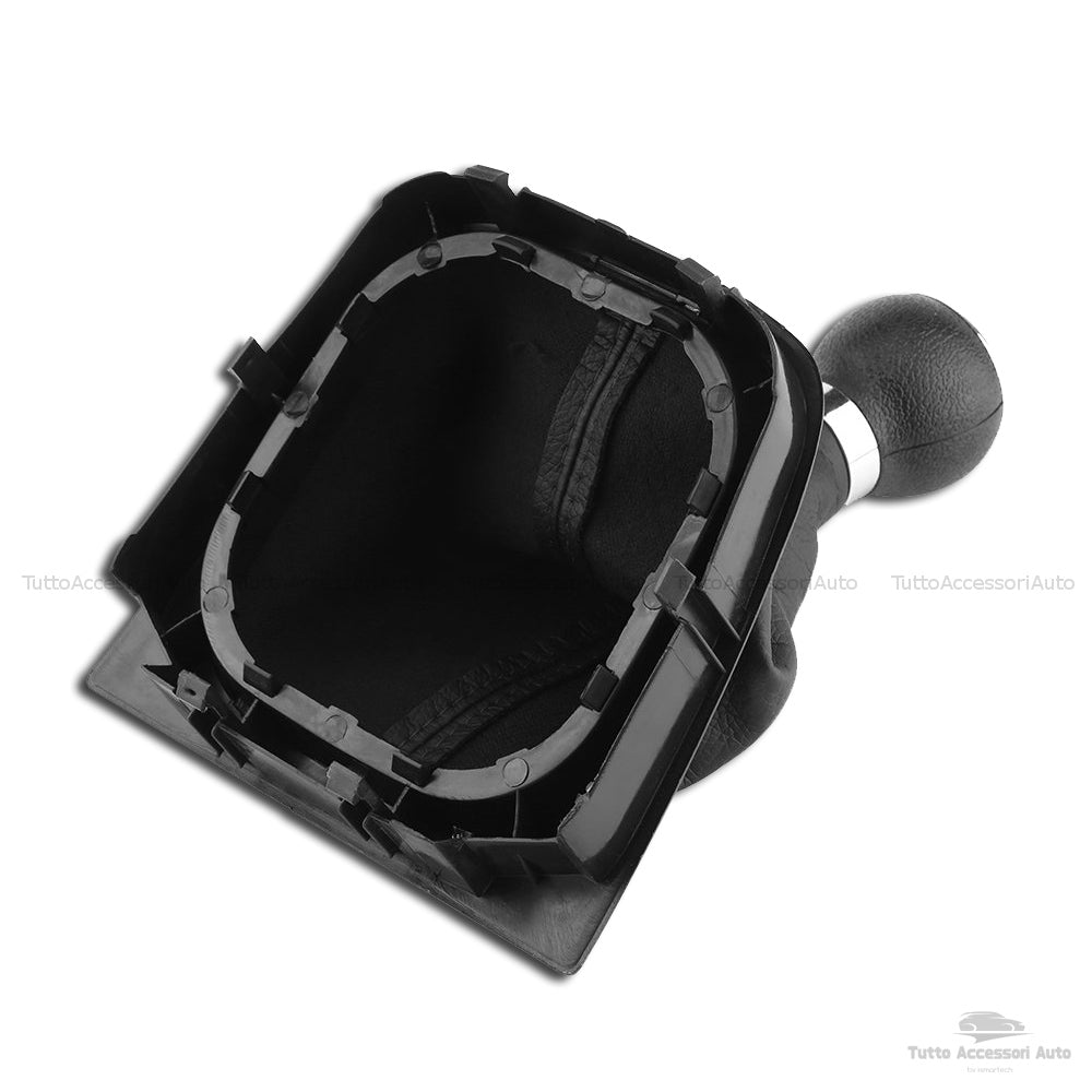Set Completo Pomello Leva Cambio Manuale 5 Marce + Cuffia Similpelle Cuciture Nere + Telaio Ricambio Auto Nero Rifiniture Pomello Chrome