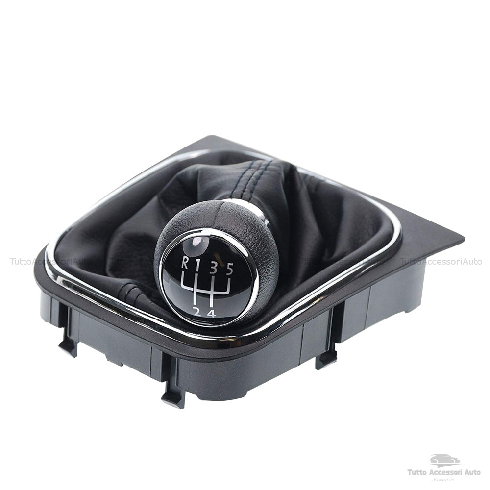 Set Completo Pomello Leva Cambio Manuale 5 Marce + Cuffia Similpelle Cuciture Nere + Telaio Ricambio Auto Nero Rifiniture Pomello Chrome