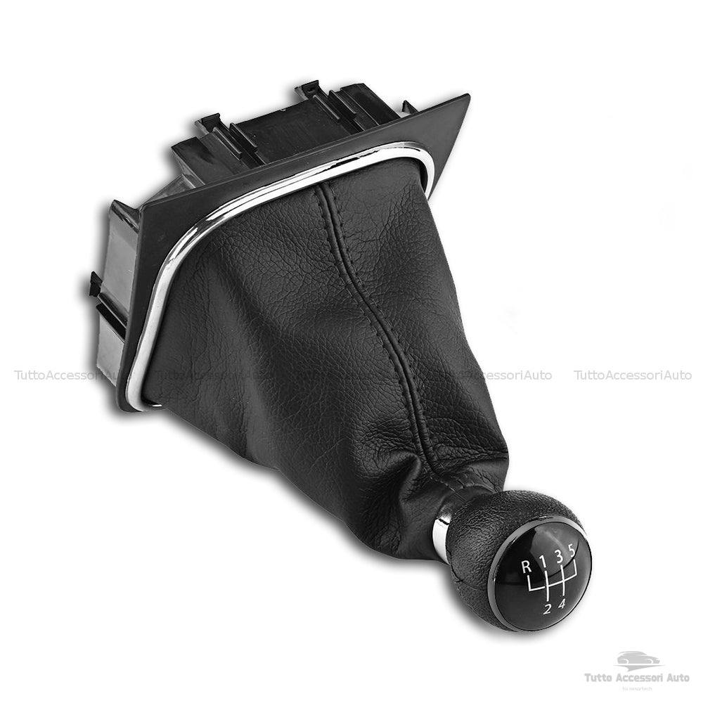 Set Completo Pomello Leva Cambio Manuale 5 Marce + Cuffia Similpelle Cuciture Nere + Telaio Ricambio Auto Nero Rifiniture Pomello Chrome