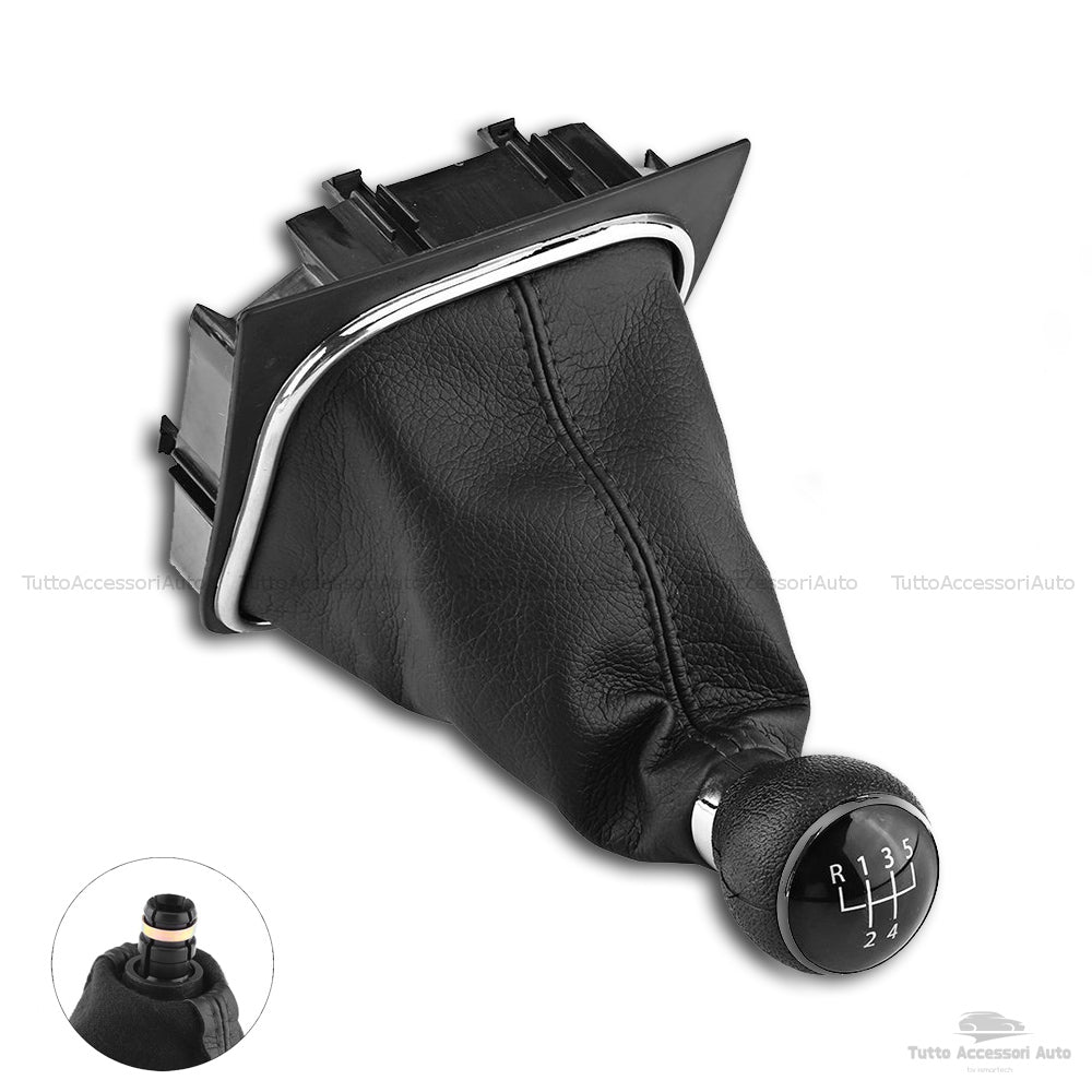 Set Completo Pomello Leva Cambio Manuale 5 Marce + Cuffia Similpelle Cuciture Nere + Telaio Ricambio Auto Nero Rifiniture Pomello Chrome