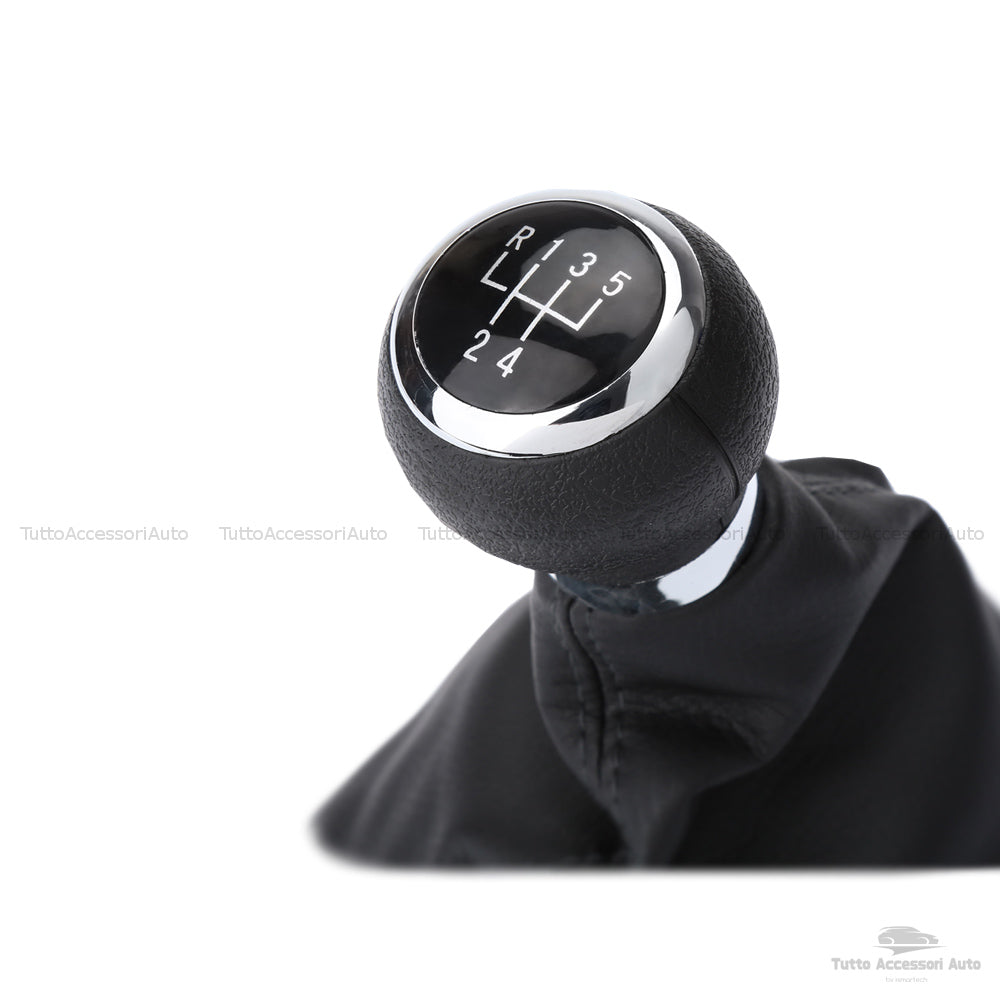 Set Completo Pomello Leva Cambio Manuale 5 Marce + Cuffia Similpelle Cuciture Nere + Telaio Ricambio Auto Nero Rifiniture Pomello Chrome