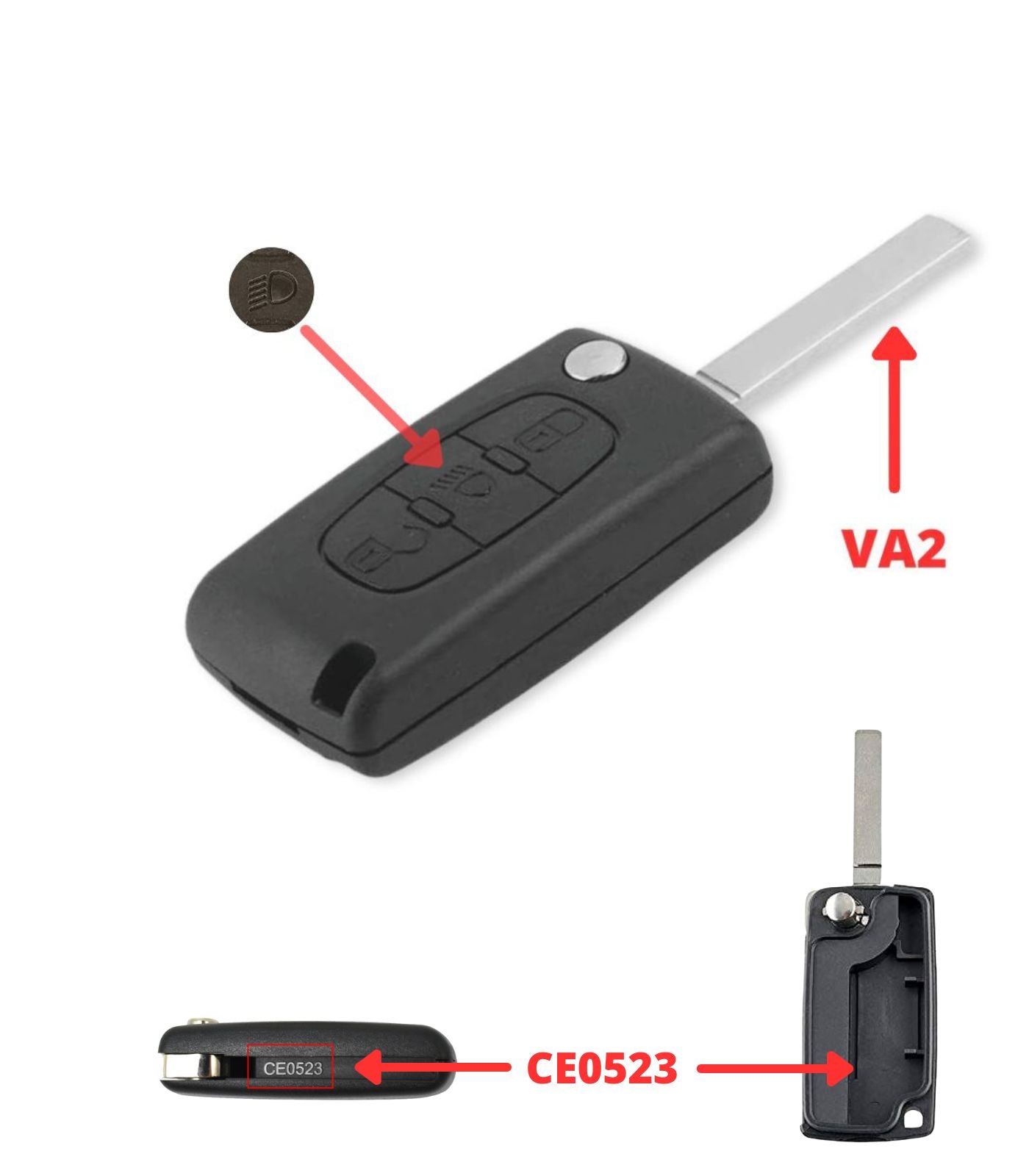 Guscio Lama per Chiave Telecomando 3 Tasti Compatibile con Citroen C2 C3 C4 C5 C6 Xsara Picasso Lama VA2 Vano Batteria CE0523 e Pulsante Faro