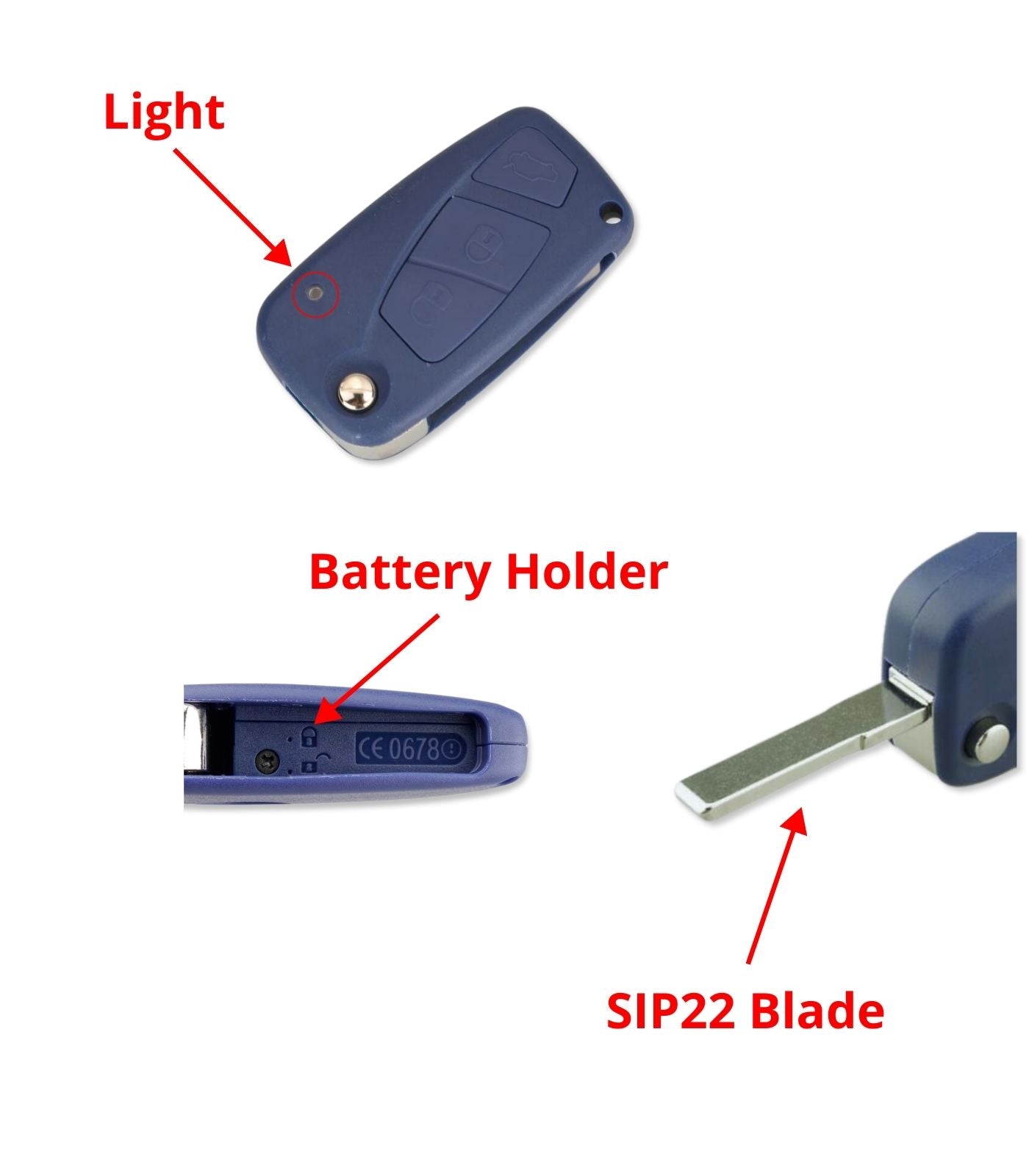 Chiave 3 Tasti per Telecomando Compatibile con Fiat Punto Evo Ducato Stilo 500, Guscio Blu Lama non intercambiabile SIP22 e Vano Batteria Laterale