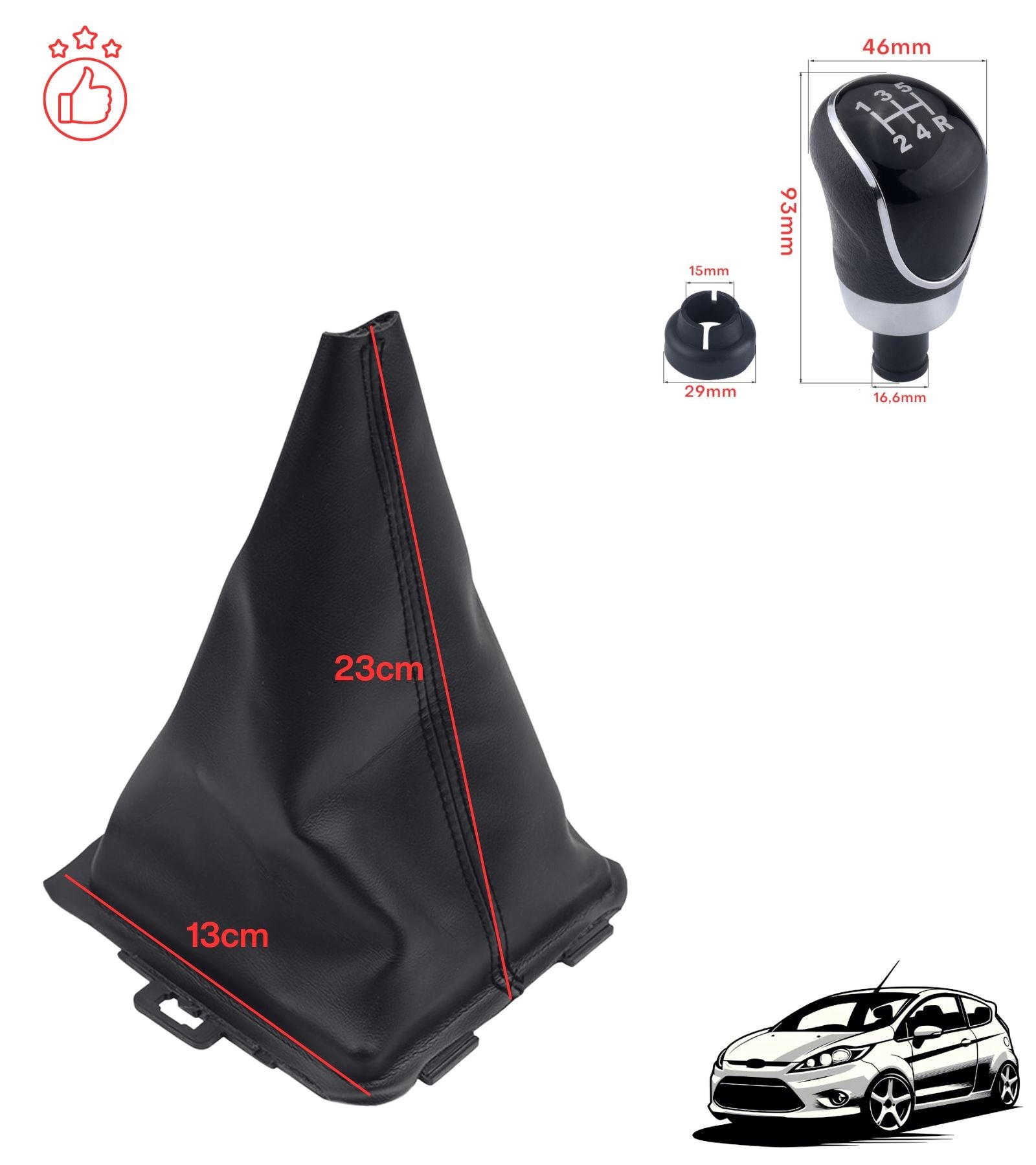 5 Speed ​​Gear Shift Knob and Leatherette Boot Kit Compatible with Ford Fiesta MK5 2008 and MK6 2008-2012, OEM 8A6R-7H409-MA, 8A6R7H409MA, 1556845