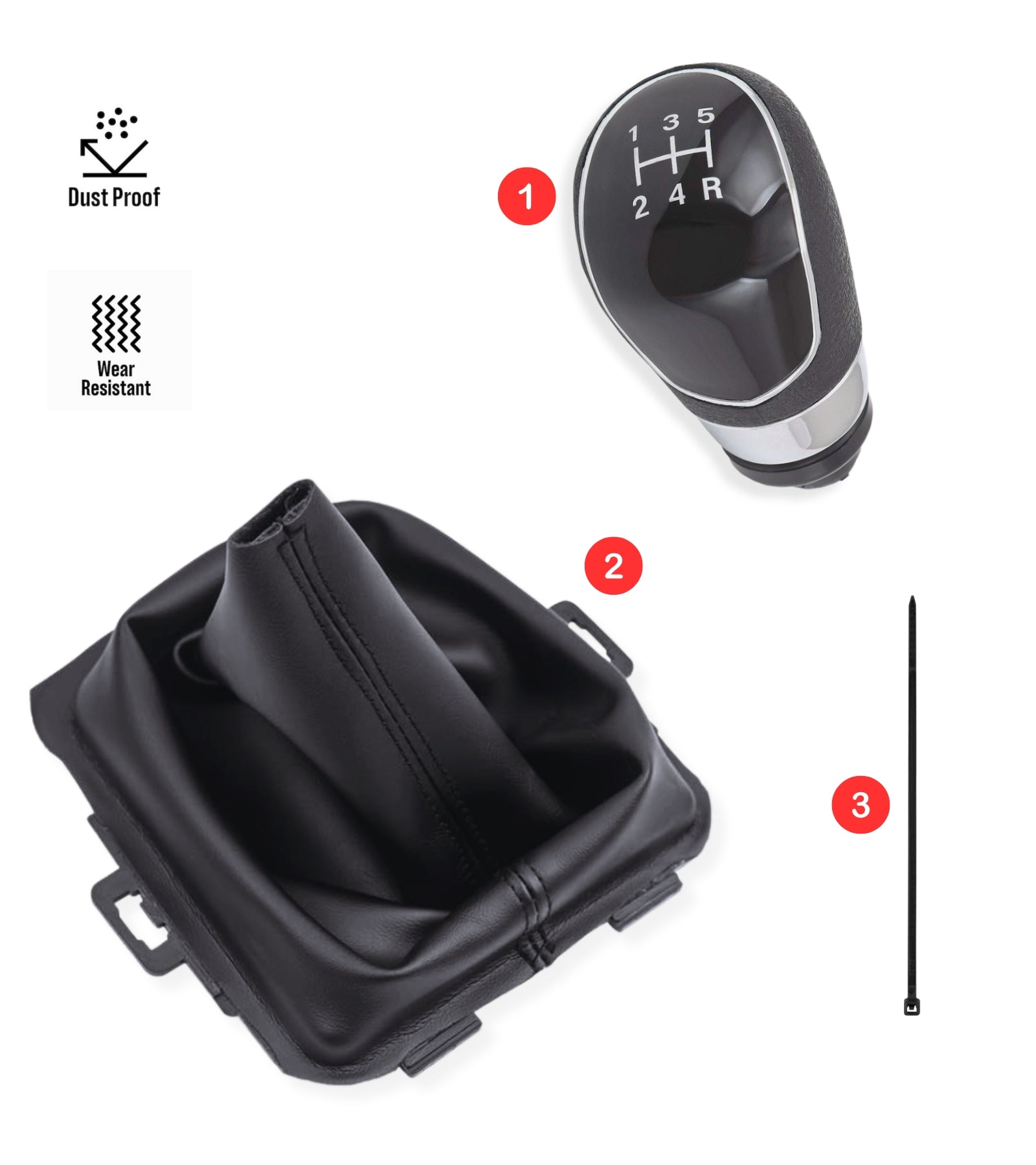 5 Speed ​​Gear Shift Knob and Leatherette Boot Kit Compatible with Ford Fiesta MK5 2008 and MK6 2008-2012, OEM 8A6R-7H409-MA, 8A6R7H409MA, 1556845