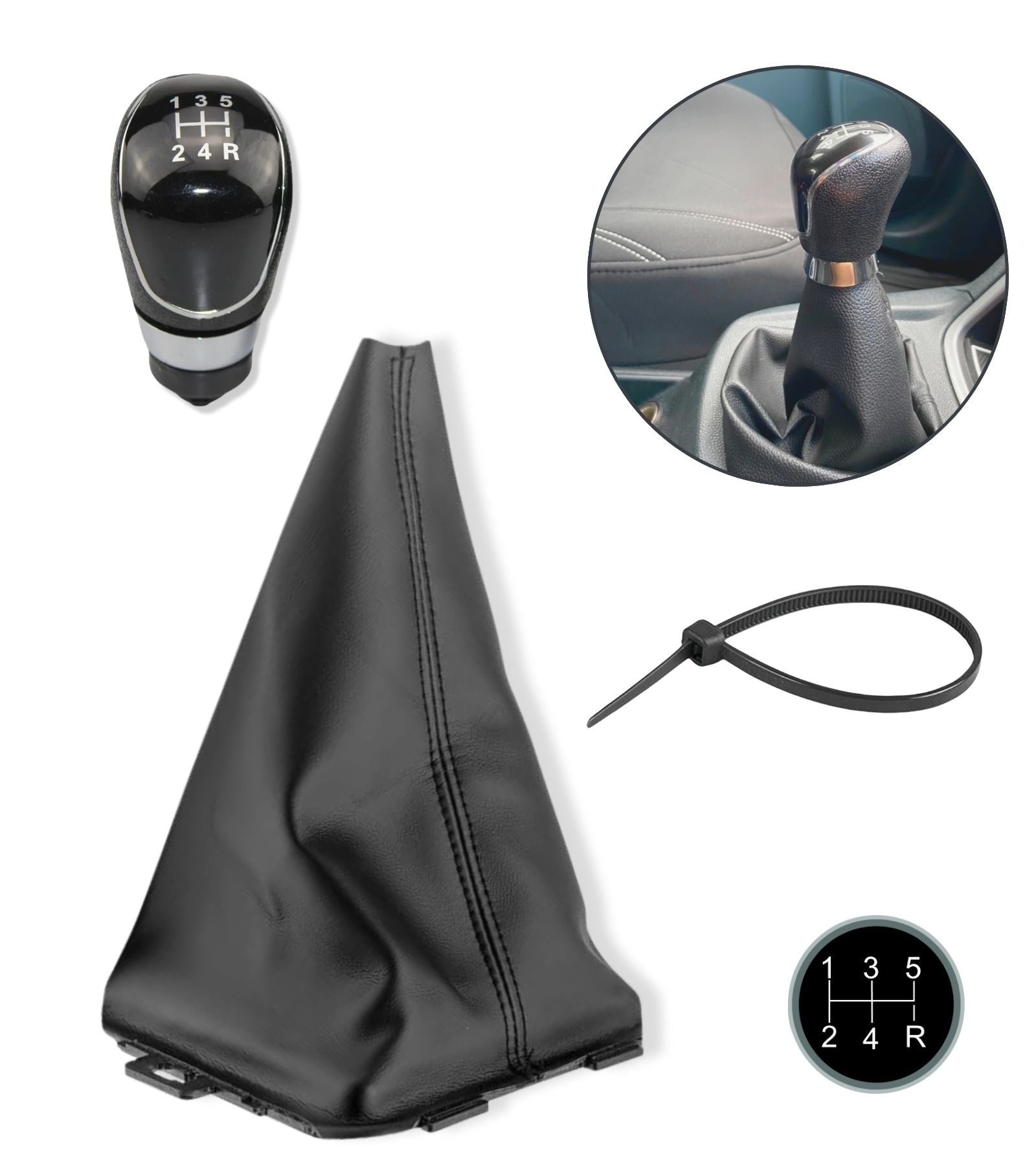5 Speed ​​Gear Shift Knob and Leatherette Boot Kit Compatible with Ford Fiesta MK5 2008 and MK6 2008-2012, OEM 8A6R-7H409-MA, 8A6R7H409MA, 1556845