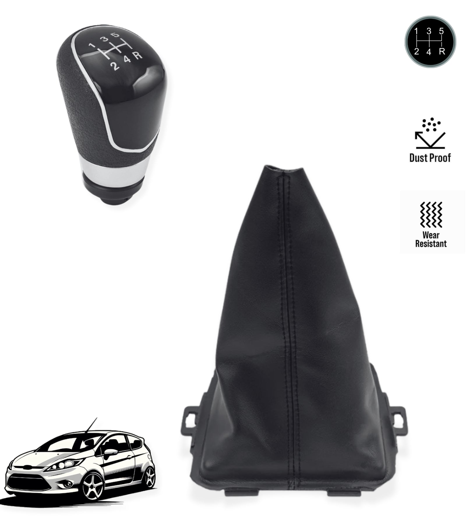 5 Speed ​​Gear Shift Knob and Leatherette Boot Kit Compatible with Ford Fiesta MK5 2008 and MK6 2008-2012, OEM 8A6R-7H409-MA, 8A6R7H409MA, 1556845
