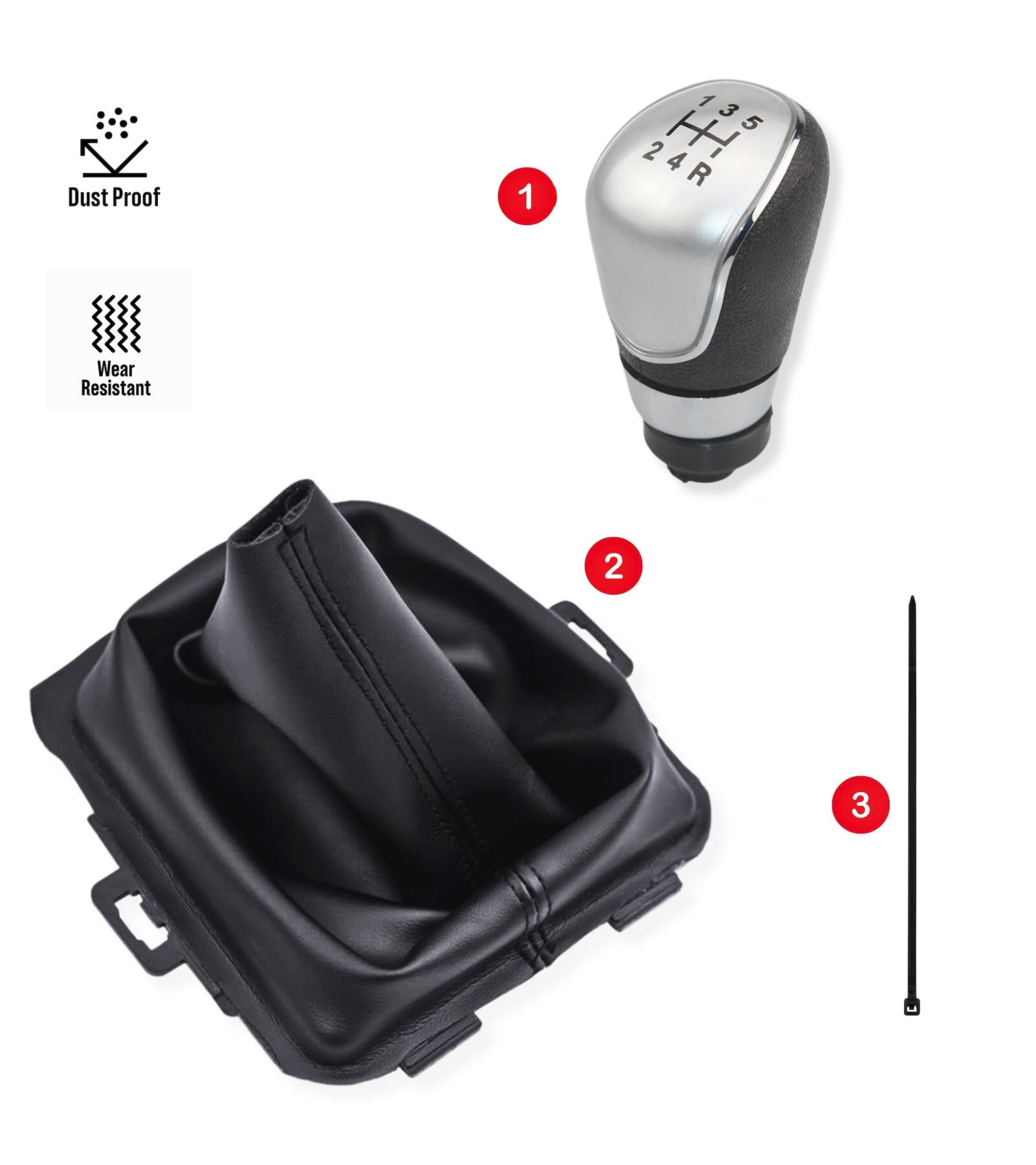 5 Speed ​​Gear Shift Knob and Leatherette Boot, Compatible with Ford Fiesta MK5 2008 and MK6 2008-2012, OEM 8A6R-7H409-MA, 8A6R7H409MA, 1556845