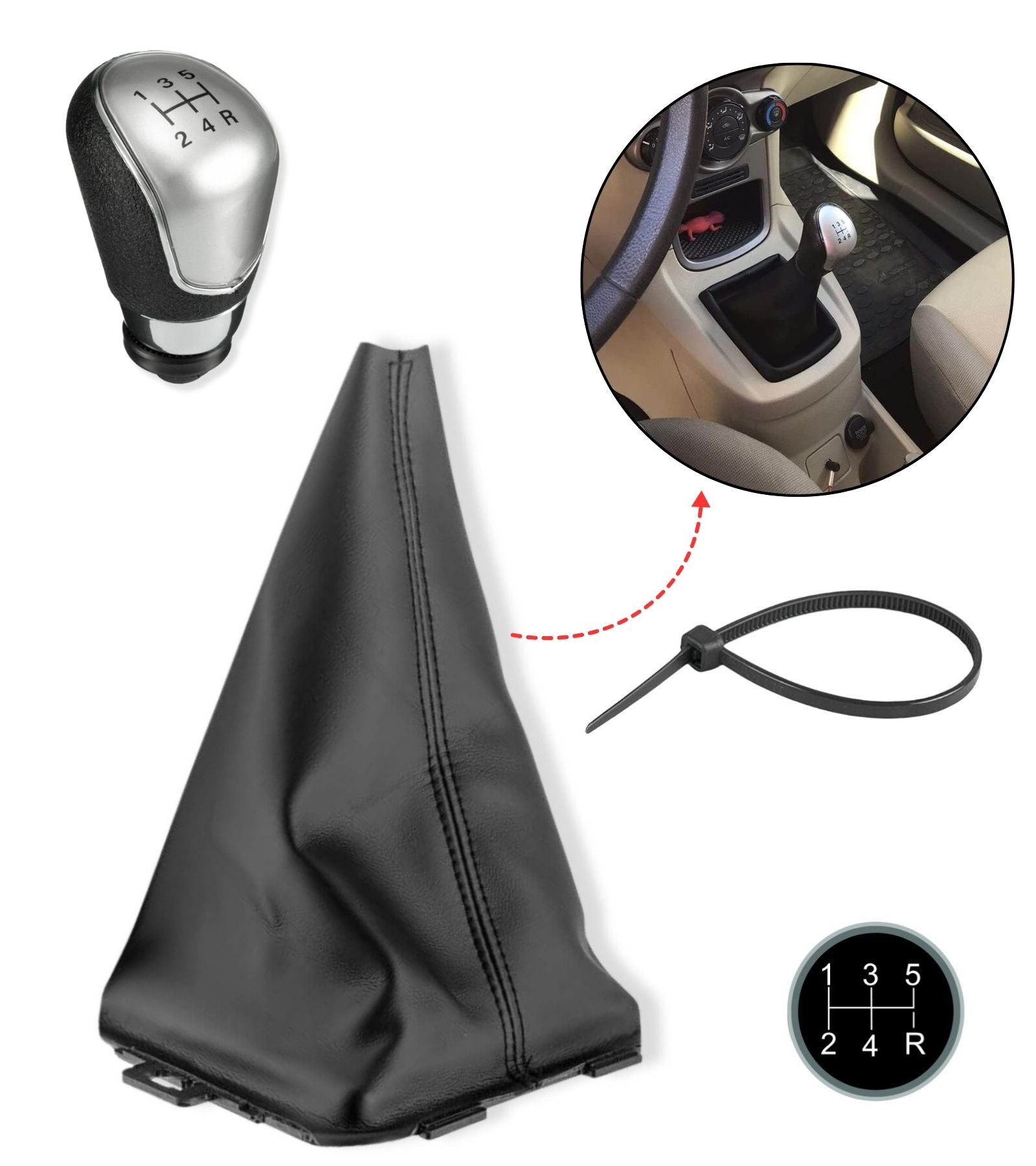 5 Speed ​​Gear Shift Knob and Leatherette Boot, Compatible with Ford Fiesta MK5 2008 and MK6 2008-2012, OEM 8A6R-7H409-MA, 8A6R7H409MA, 1556845