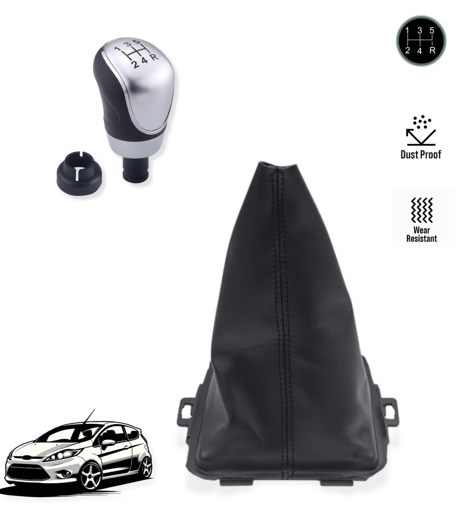 5 Speed ​​Gear Shift Knob and Leatherette Boot, Compatible with Ford Fiesta MK5 2008 and MK6 2008-2012, OEM 8A6R-7H409-MA, 8A6R7H409MA, 1556845