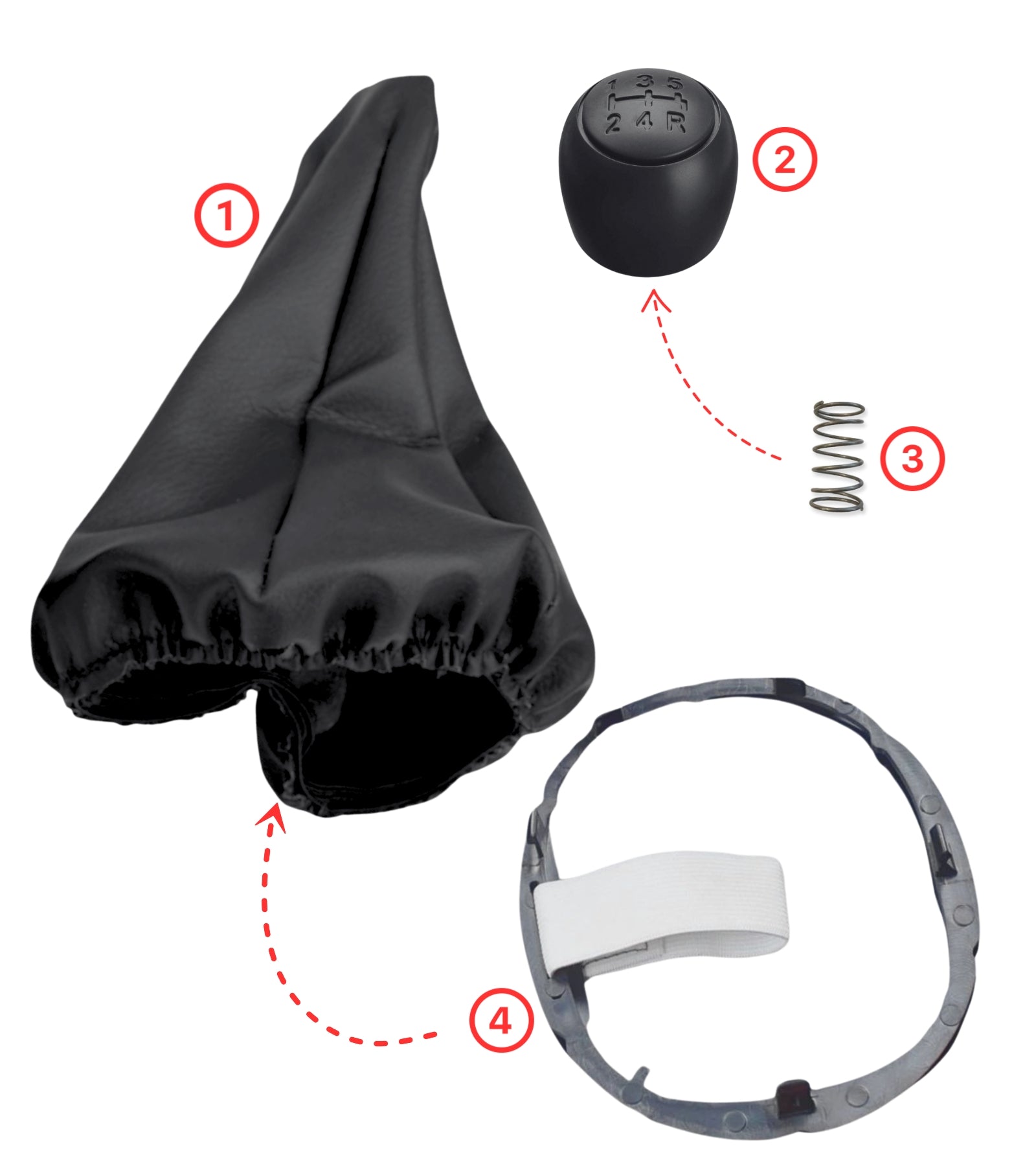 5 Speed ​​Gear Knob Kit, Boot and Spring for Fiat Panda 2003-2012 and Fiat 500/500C 2007-2013, Black Color