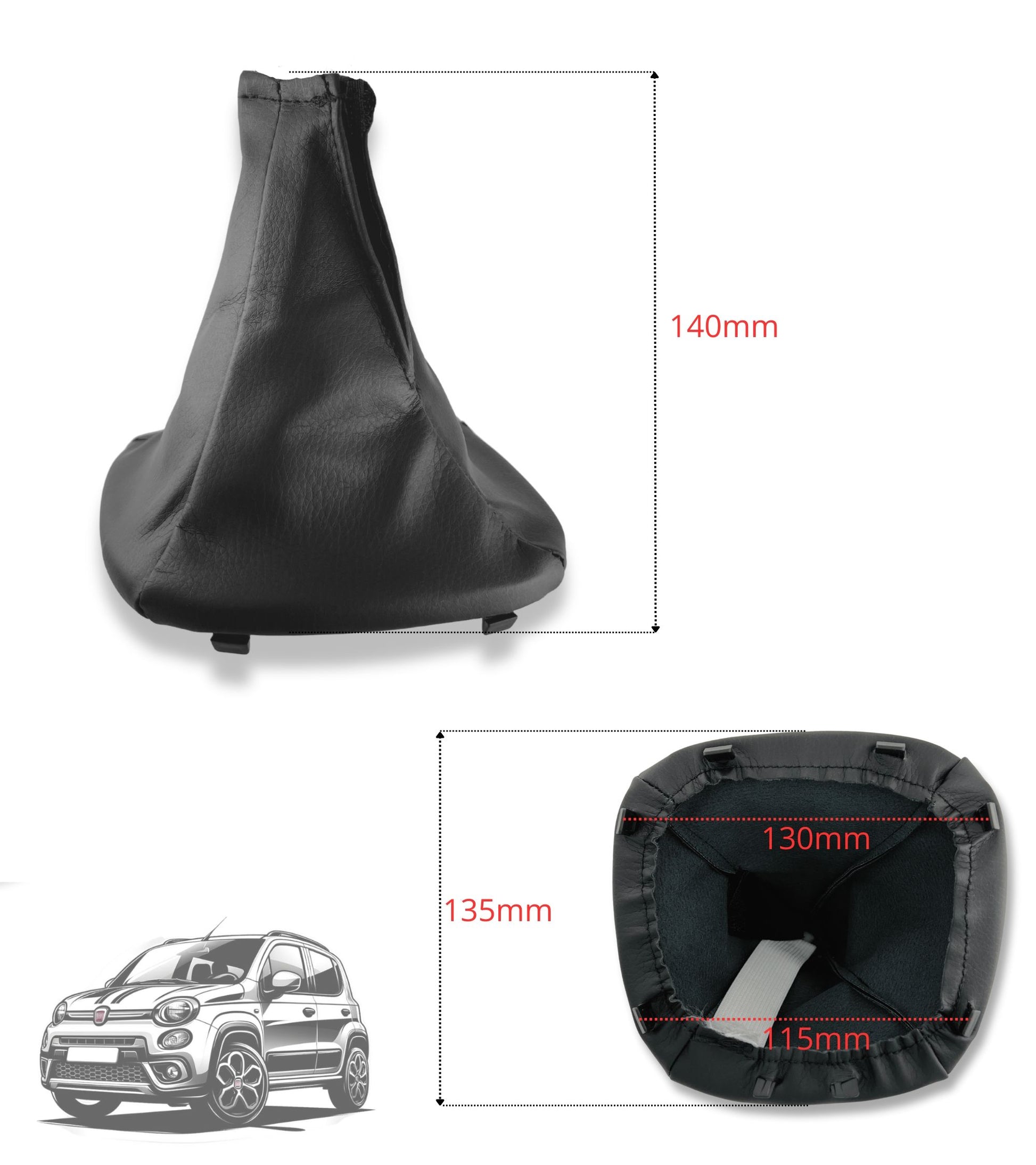 5 Speed ​​Gear Knob and Leatherette Boot Kit with Retention Ring Compatible with Fiat Panda 319 2012+, Black Color Set