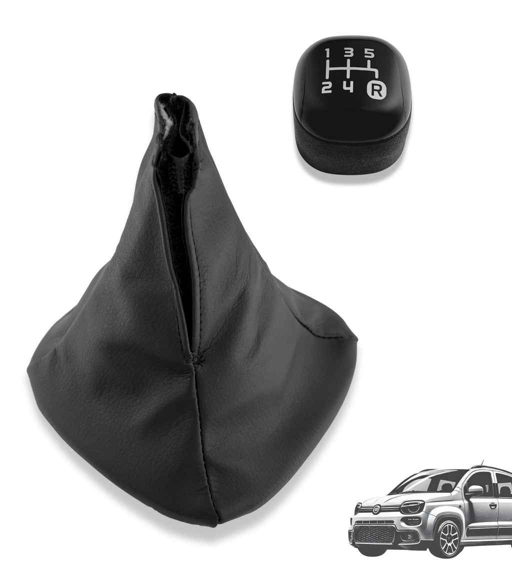 5 Speed ​​Gear Knob and Leatherette Boot Kit with Retention Ring Compatible with Fiat Panda 319 2012+, Black Color Set