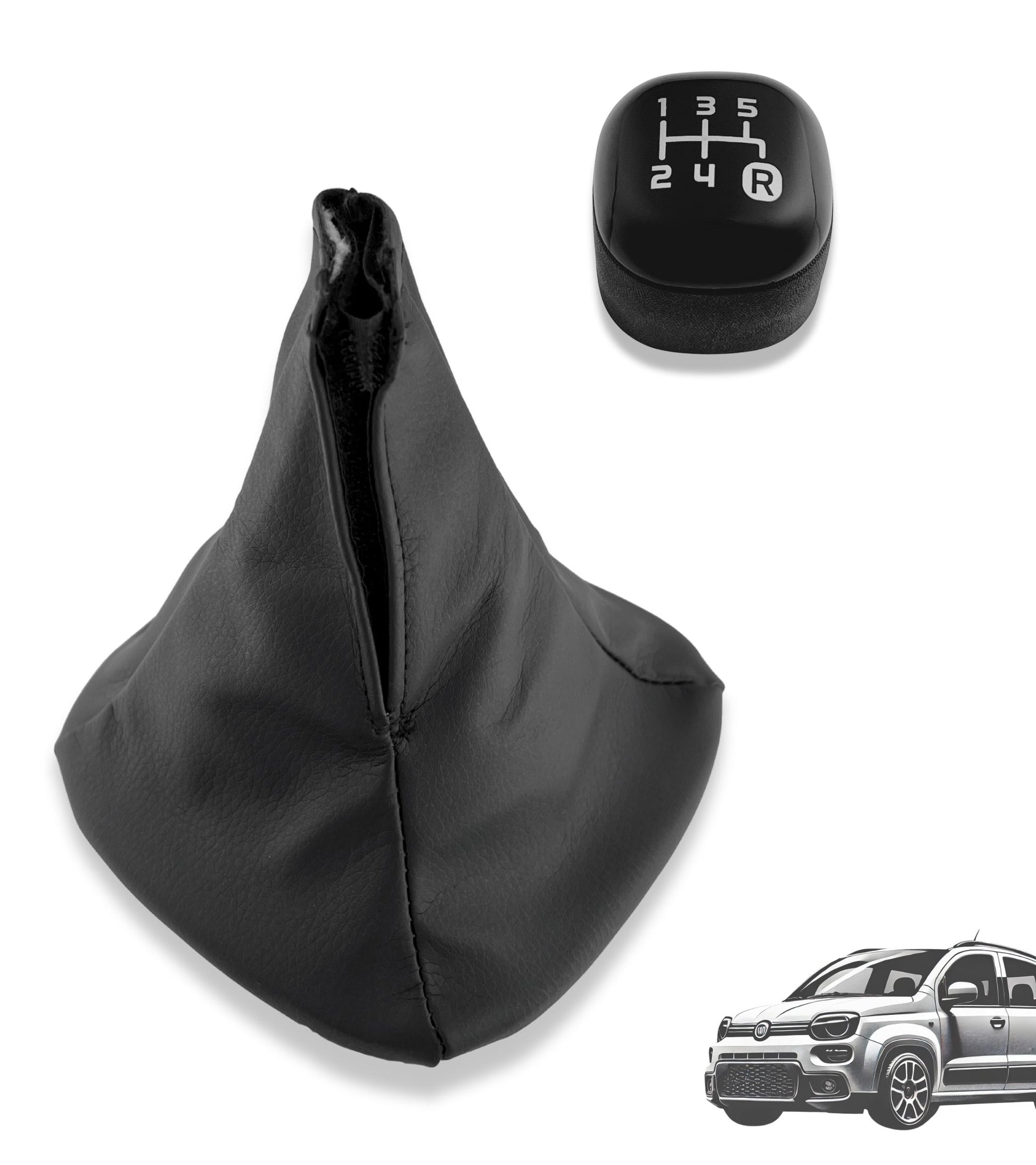 5 Speed ​​Gear Knob and Leatherette Boot Kit with Retention Ring Compatible with Fiat Panda 319 2012+, Black Color Set