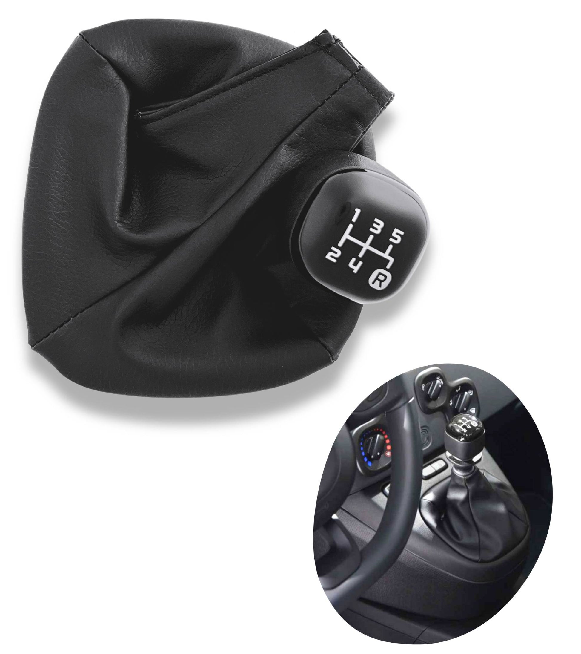 5 Speed ​​Gear Knob and Leatherette Boot Kit with Retention Ring Compatible with Fiat Panda 319 2012+, Black Color Set