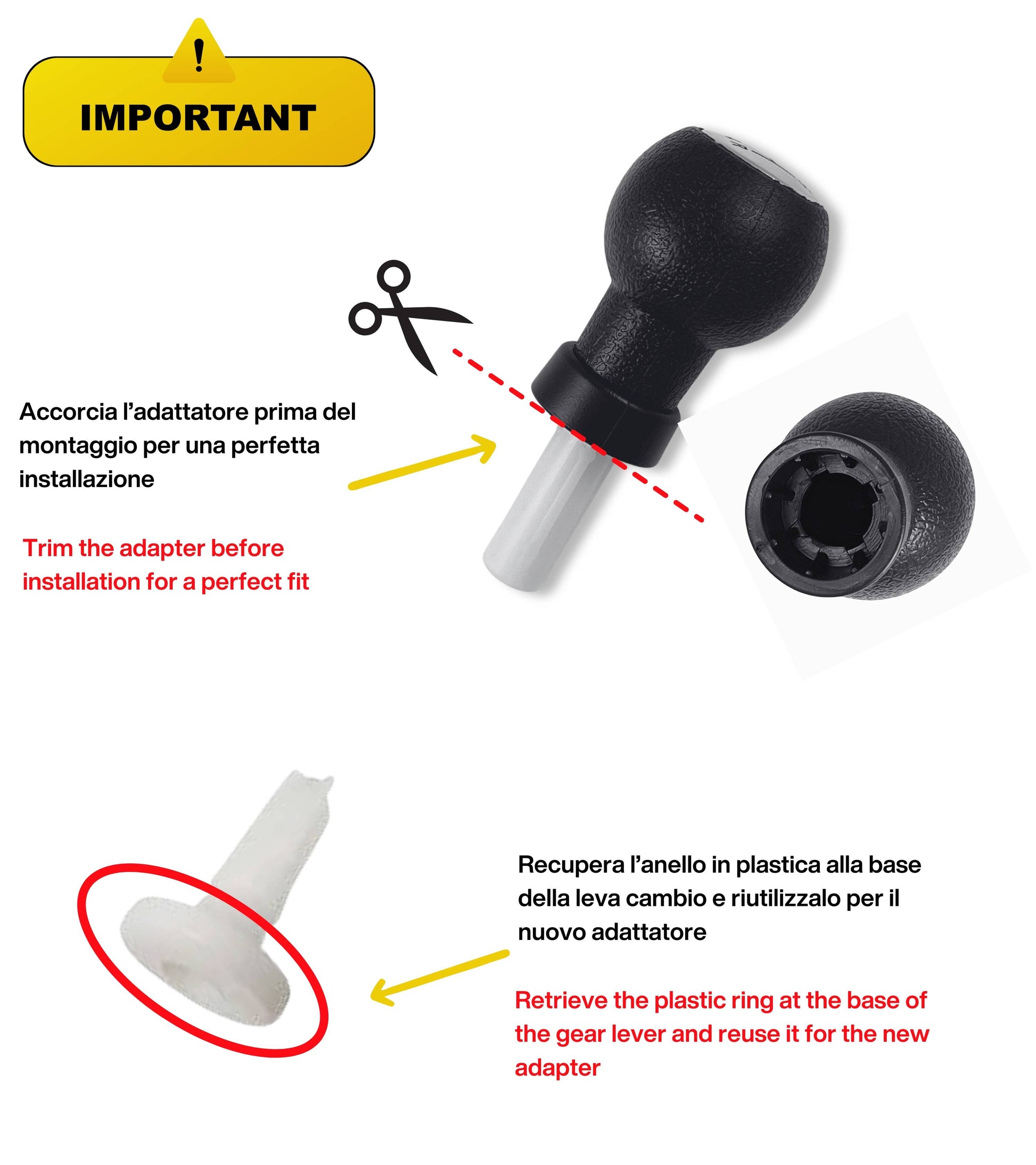 5 Speed ​​Gear Knob and Adapter Compatible with Suzuki Swift 2005-2010, Suzuki ALTO 2009-2014, Fiat Sedici 2005-2013, OEM Code 28113M75J21-GJL, for T-Shaped Gear Shift Lever