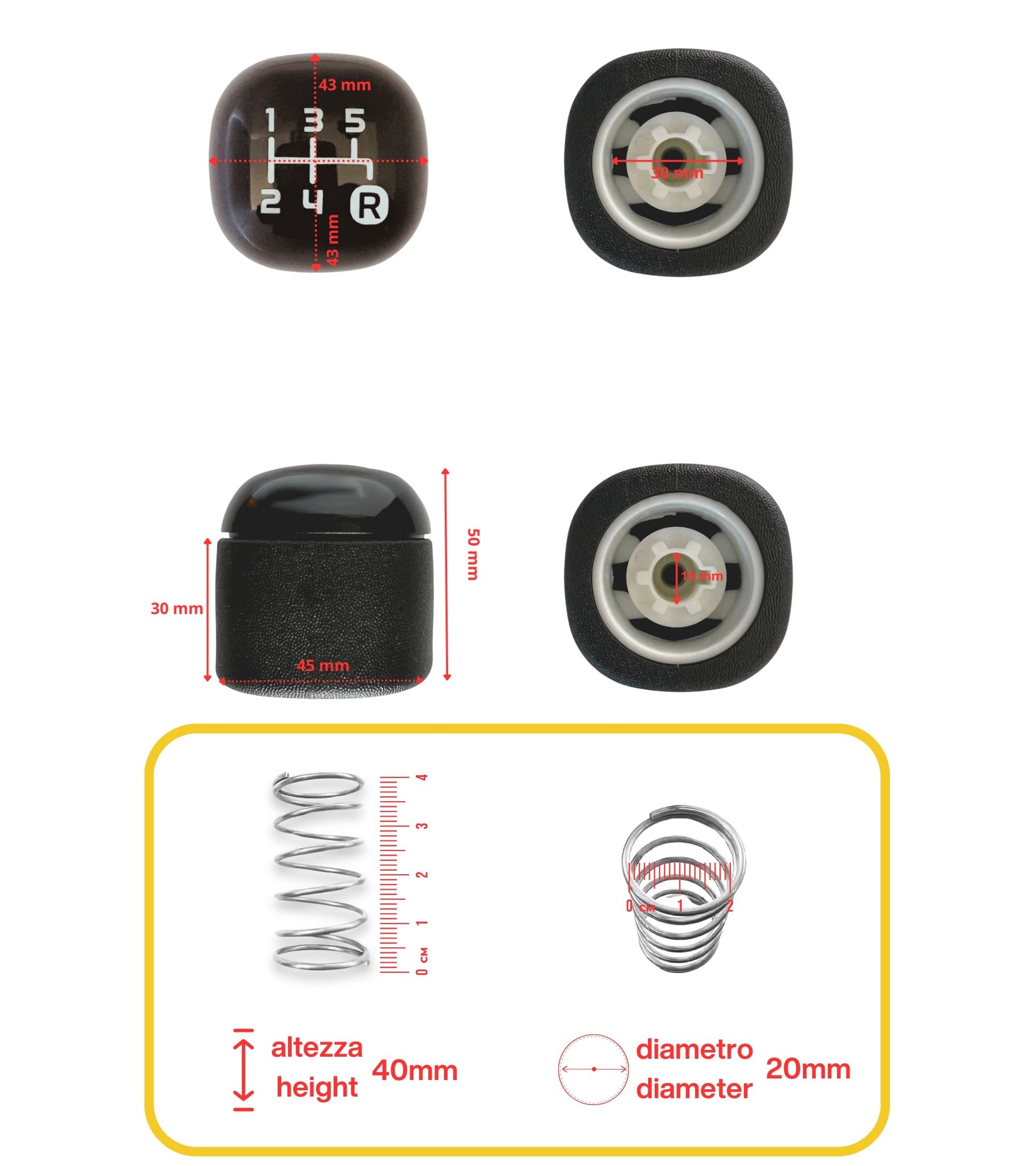 5 Speed ​​Gear Knob with Return Spring, Compatible with Fiat Panda 312, 319 from 2012 Third Generation OEM Code 502942700 (large spring)