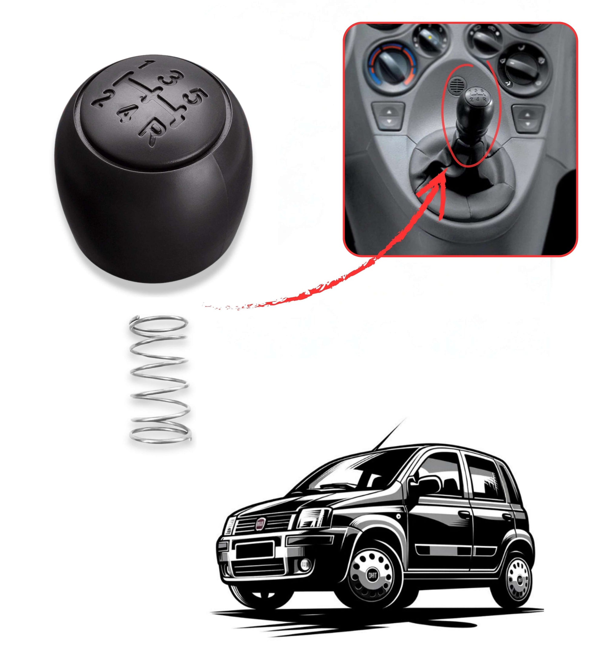 Black knob and small spring for gear lever compatible with Fiat Panda 169 (2003-2012), Fiat 500 312 and 500C (2007-2013)