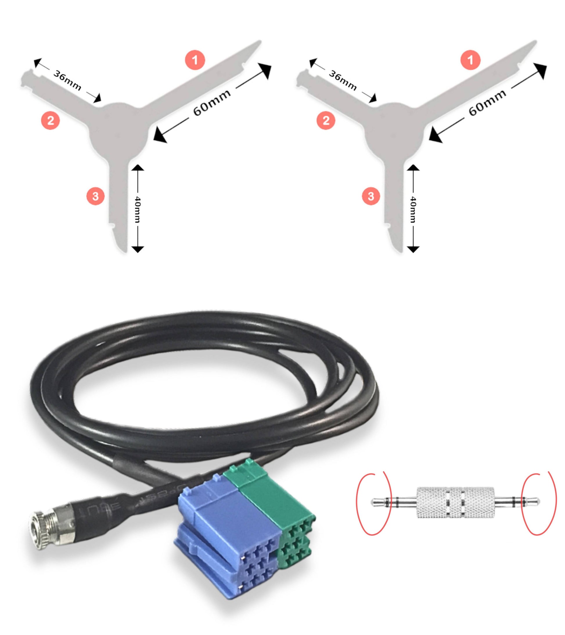 AUX Kit Compatible with Fiat Bravo from 2007; AUX Cable Female 3.5mm 150cm; Visteon Car Radio Extractors; Double Jack Male 3.5mm Adapter