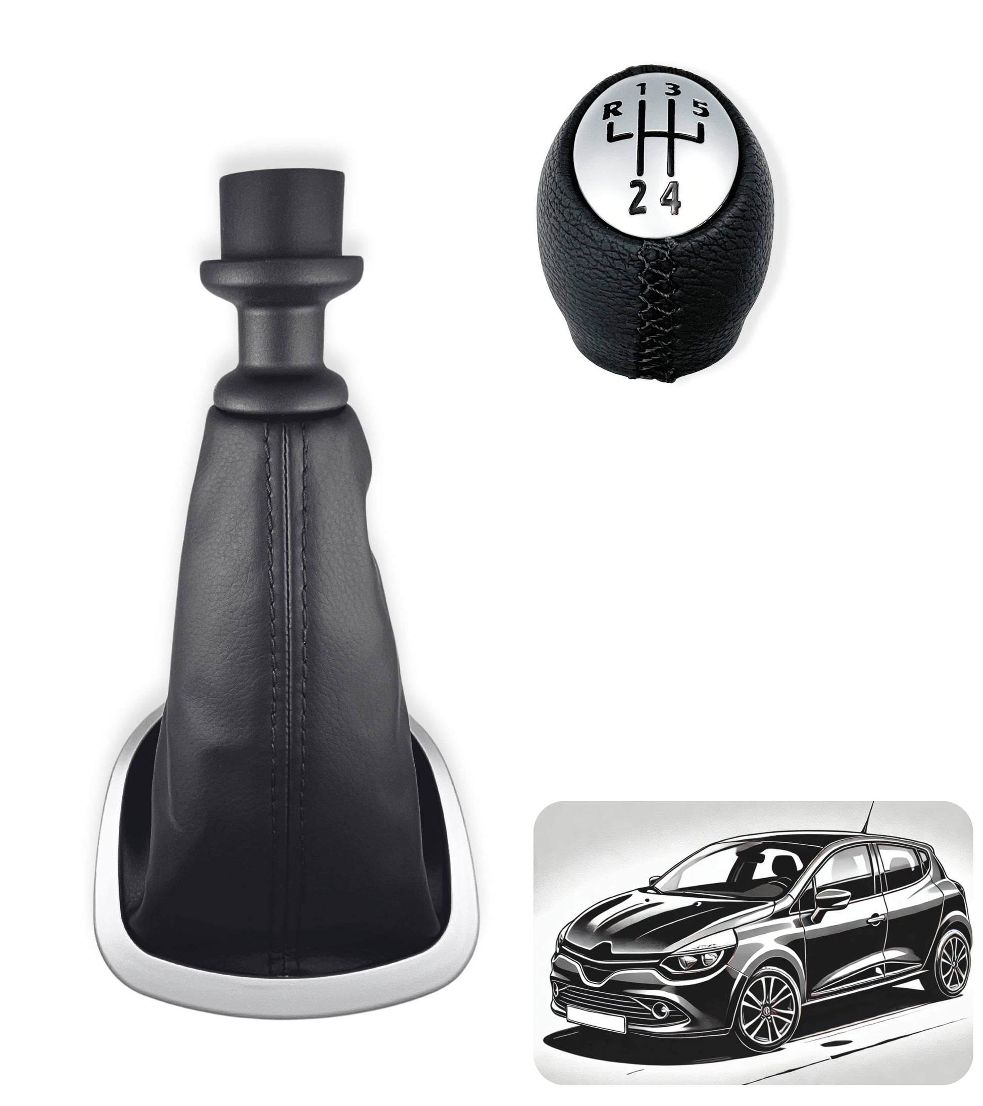 Kit Pomello 5 Marce e Cuffia Per Leva Cambio Compatibile con Renault Clio III Prima Versione 2005-2012