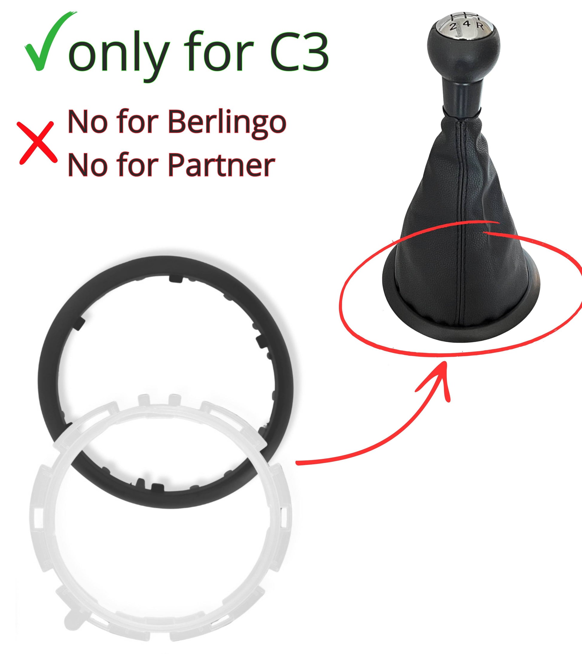 Black External Frame and Ring Kit Gear Lever Boot Frame Compatible with Citroen C3 2003-2009 and C2 2003-2010