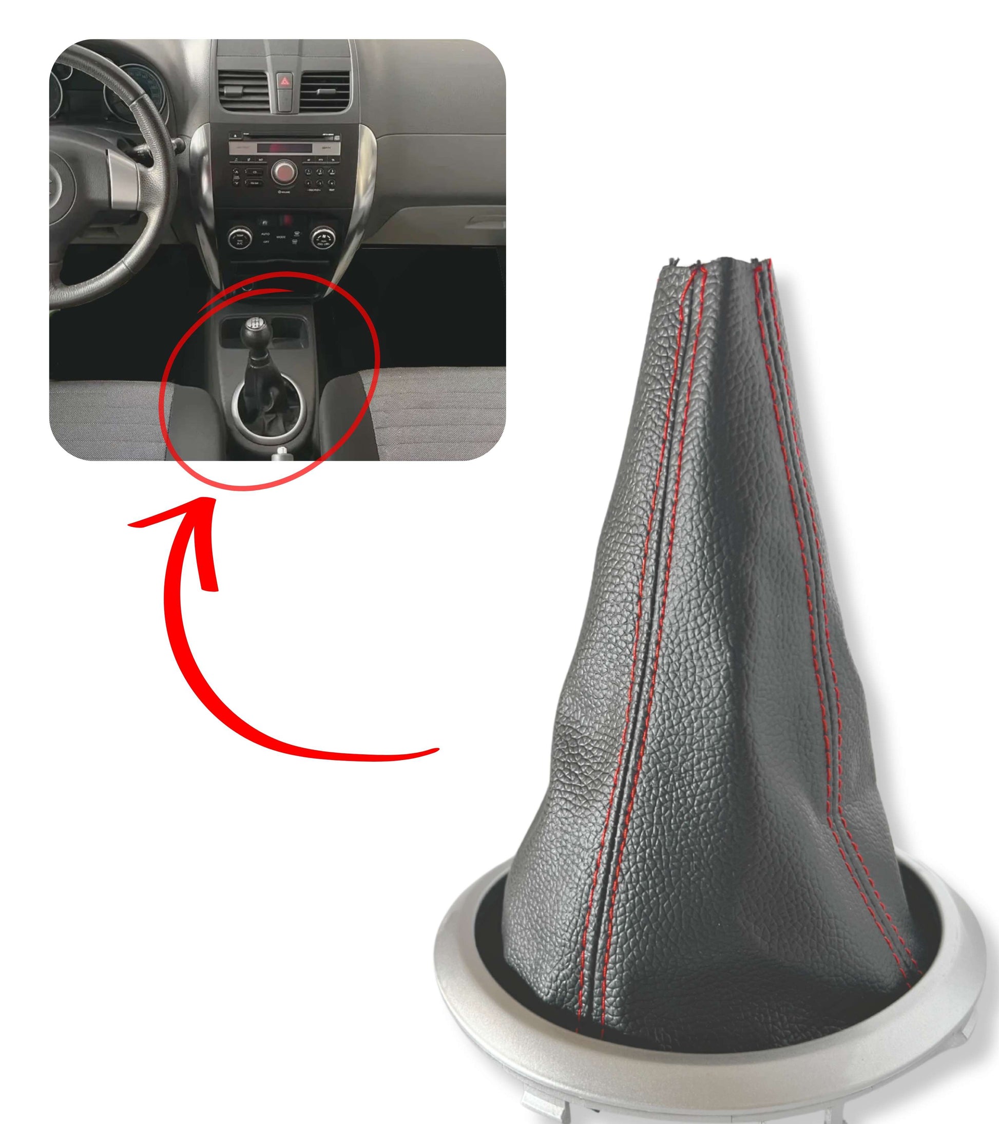 Black Boot Kit with Red Stitching and Gear Shift Ring Compatible with Suzuki Swift 2005-2010, Suzuki SX4 2007-2013, Suzuki ALTO 2009-2014