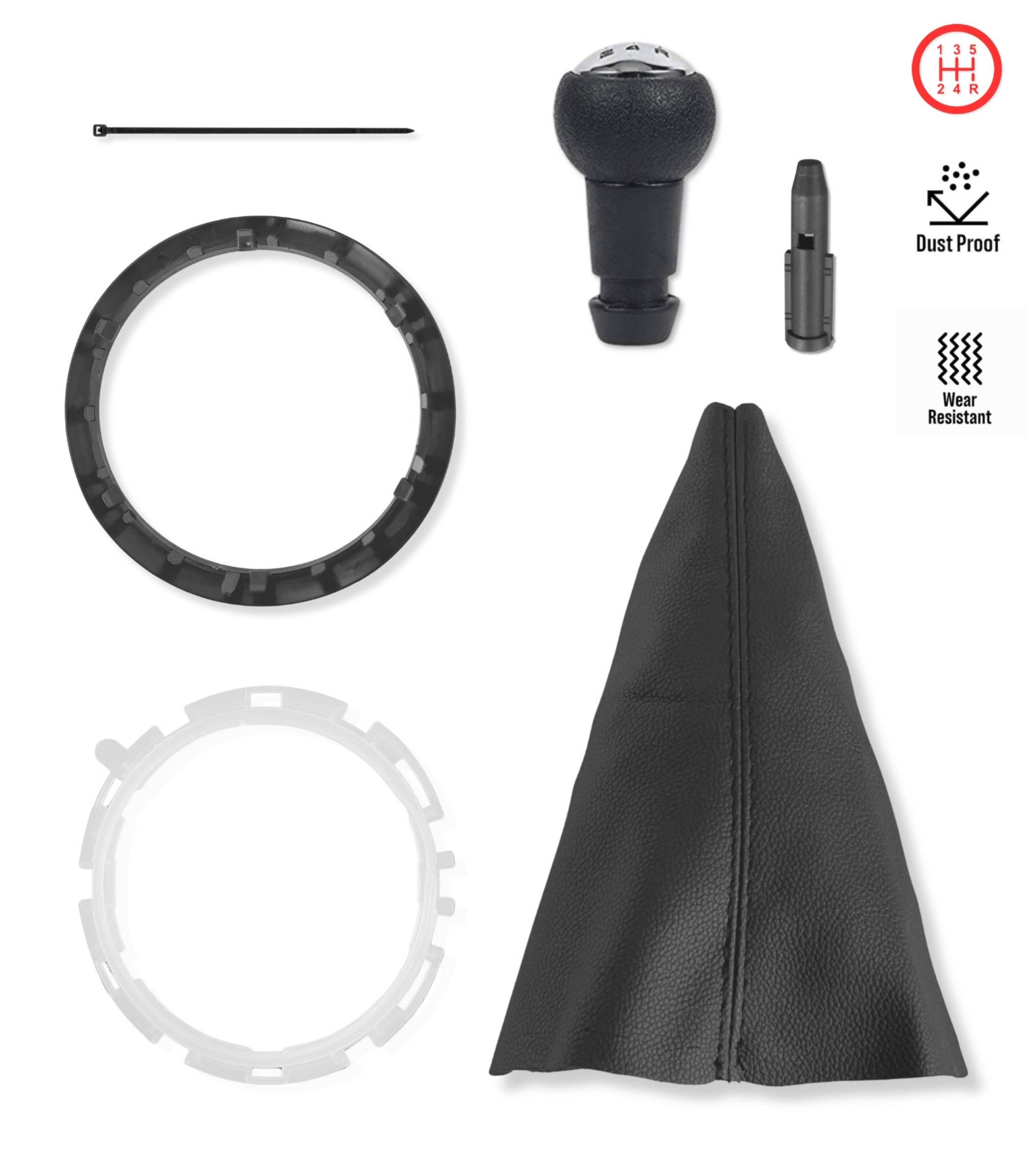 5 Speed ​​Gear Knob Kit. Cap, Ring, Black External Frame, Compatible with Citroen C2 2003-2010, with Plastic Adapter, OEM 2403CV, 1606400280, 7589T8, 7589V0
