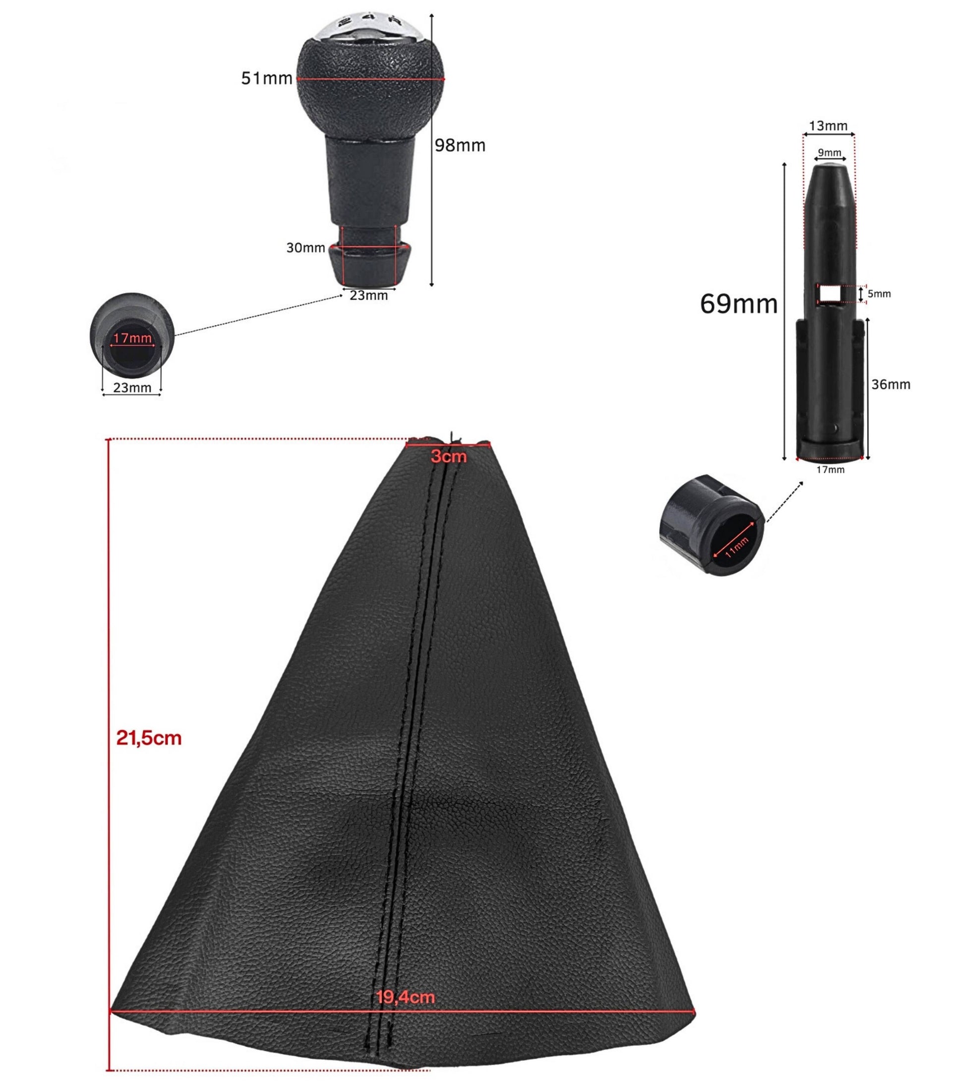 5 Speed ​​Gear Knob Kit. Cap, Ring, Black External Frame, Compatible with Citroen C2 2003-2010, with Plastic Adapter, OEM 2403CV, 1606400280, 7589T8, 7589V0