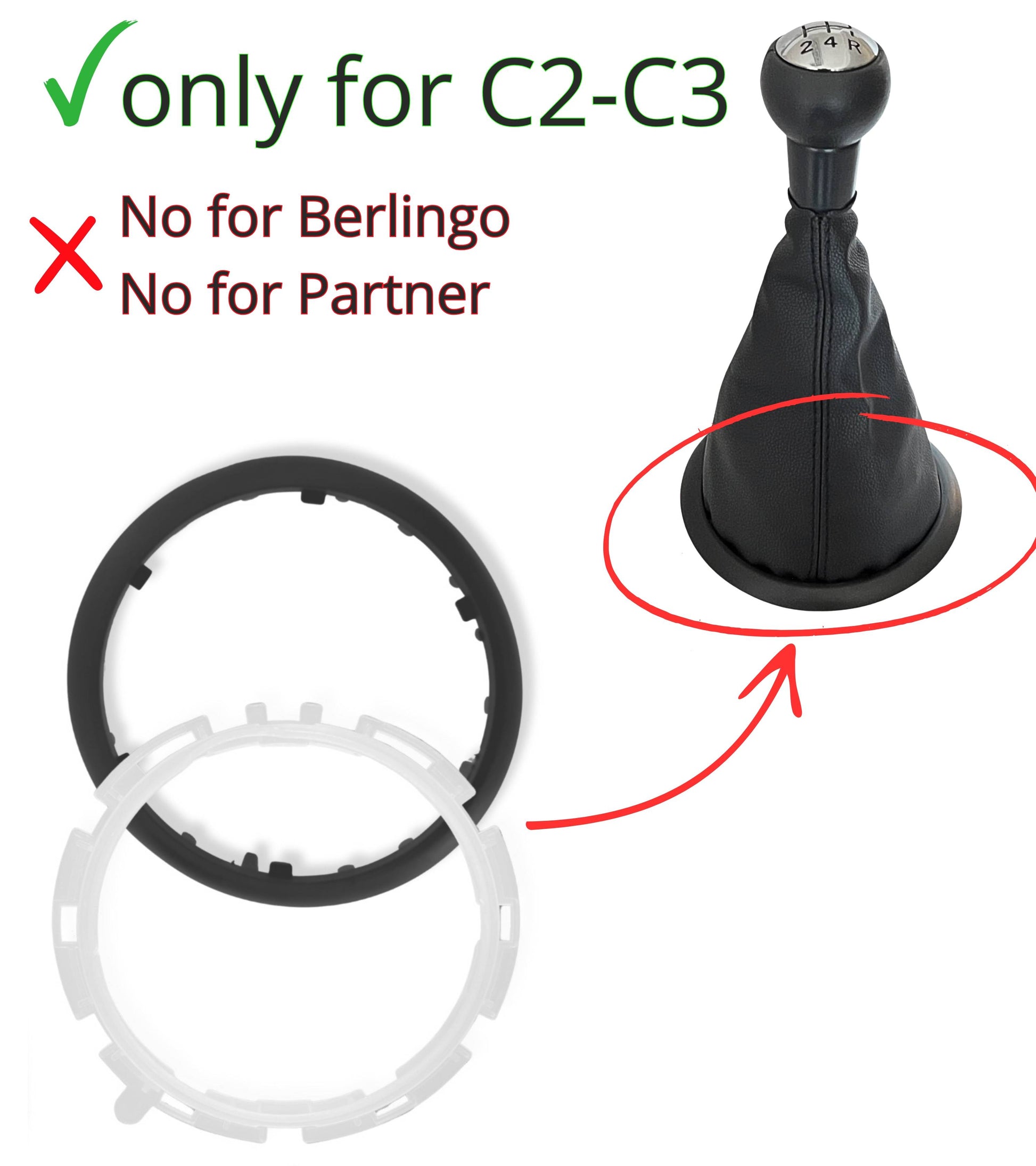 Gear Shift Boot Compatible with Citroen C2 2003-2010 with Ring, Black External Frame, OEM 2403CV, 1606400280, 7589T8, 7589V0