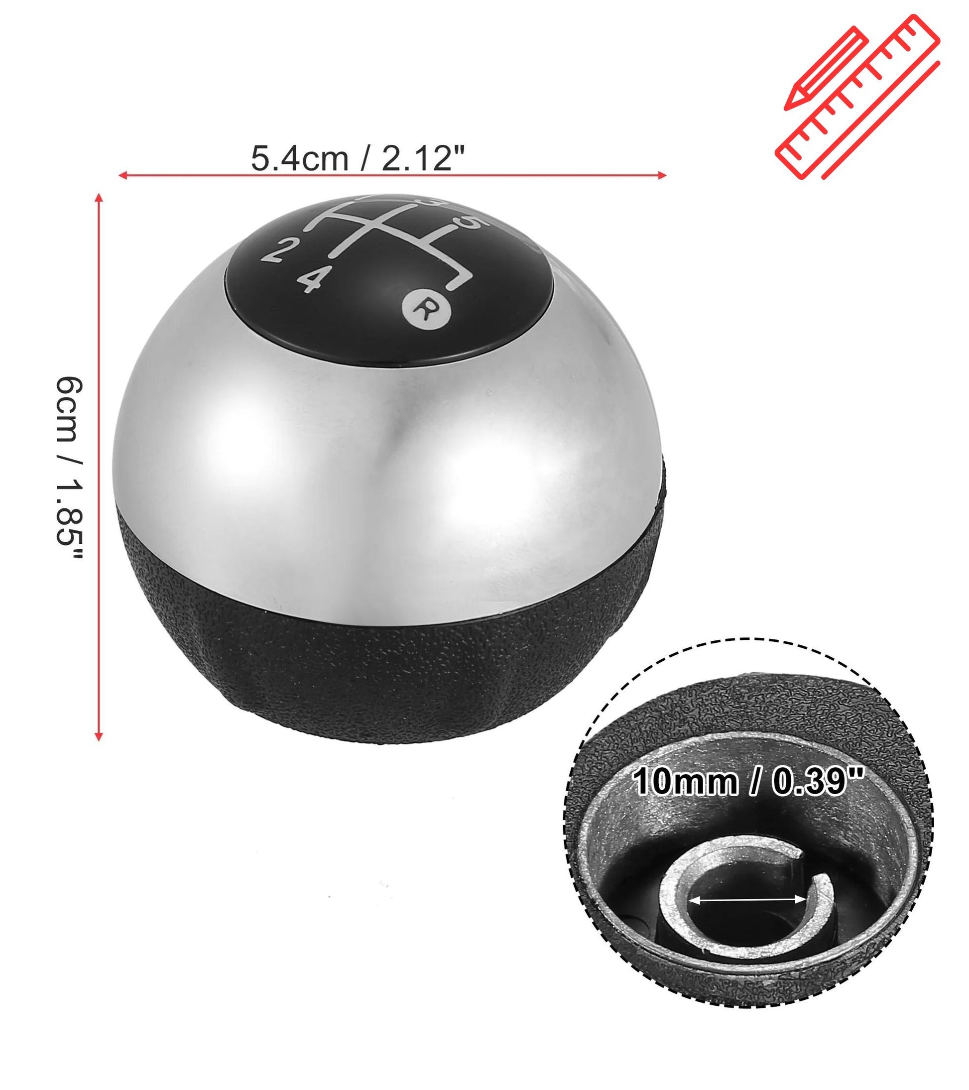 5 Speed ​​Gear Knob &amp; Reverse Compatible with Fiat 500 500C 2007-2018 Silver