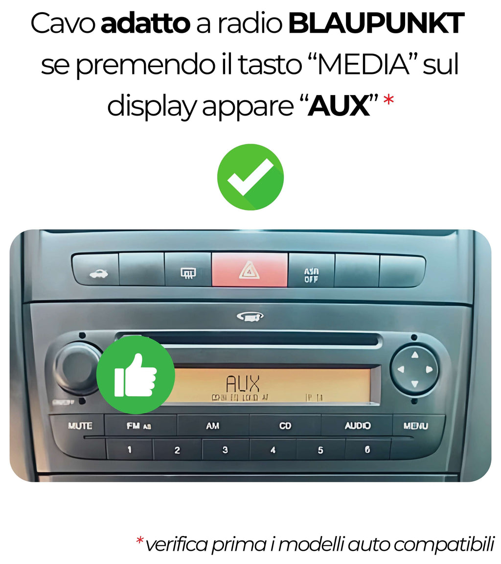 Aux Cable Compatible with Blaupunkt Radio, Compatible with Fiat Grande Punto, 500, Male Jack and Car Radio Extraction Kit