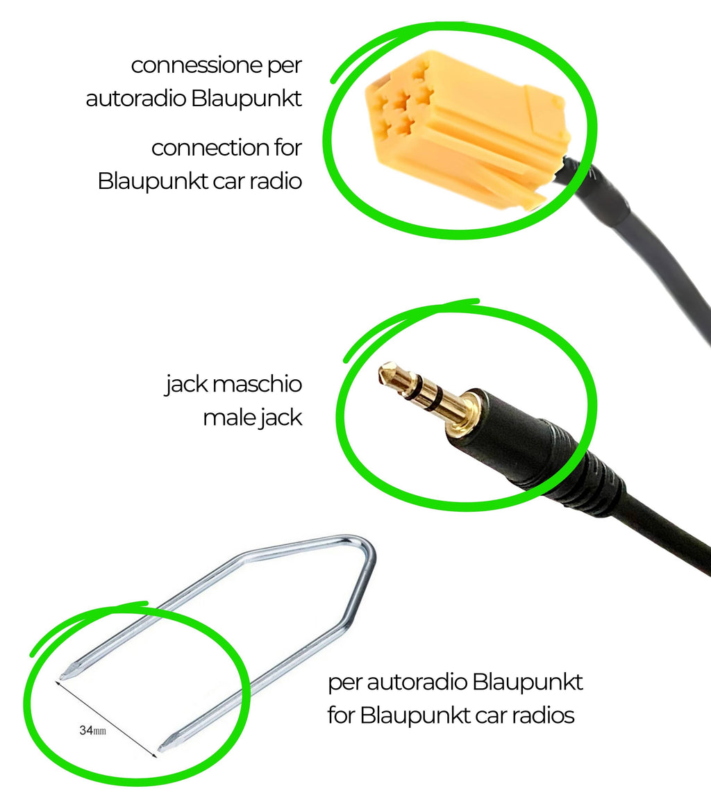 Aux Cable Compatible with Blaupunkt Radio, Compatible with Fiat Grande Punto, 500, Male Jack and Car Radio Extraction Kit