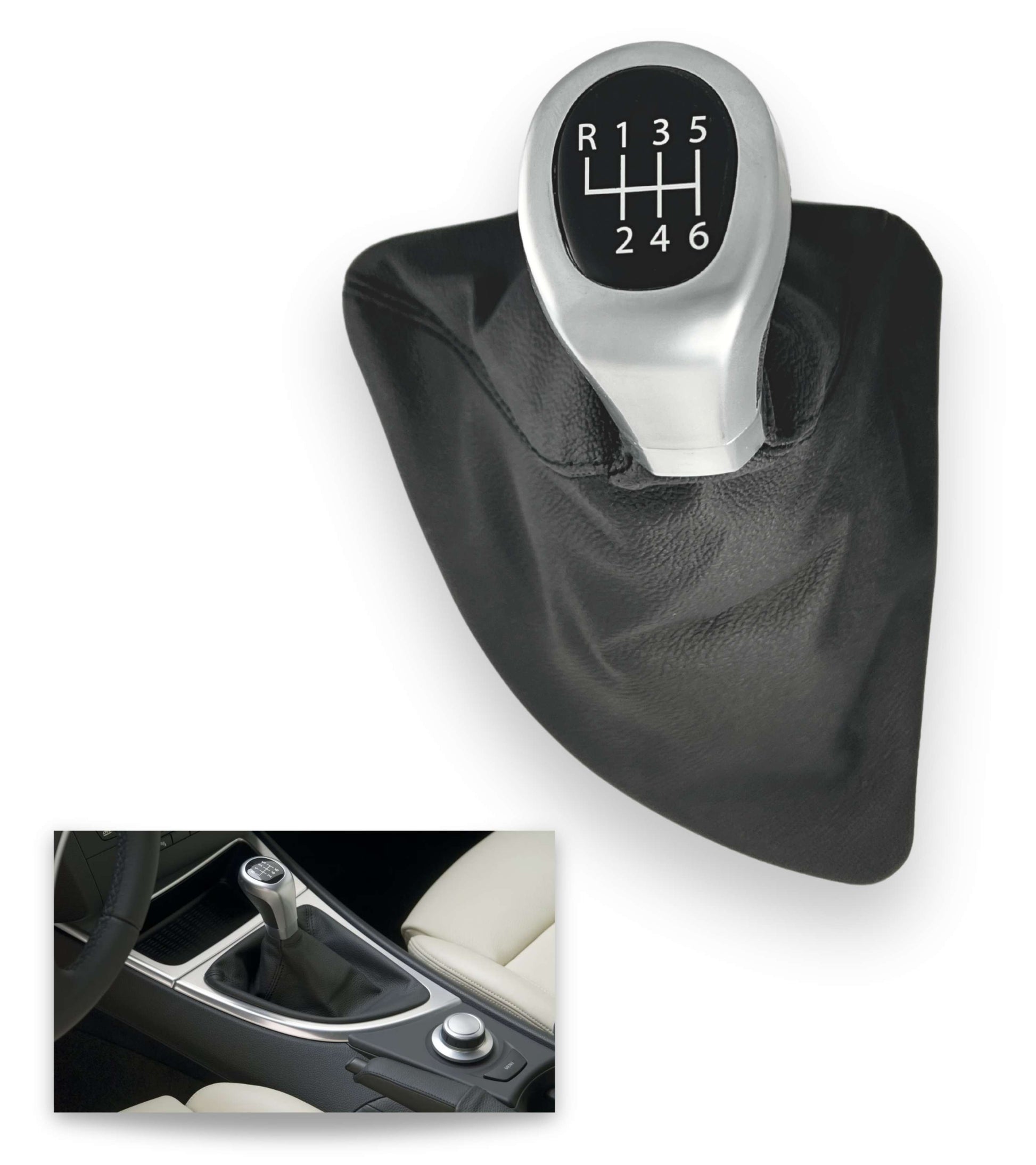 Kit Pomello 6 Marce e Cuffia per Leva Cambio Auto Compatibile con Bmw Serie 1 E81, E82, E87, E88, Oem 25118036624 25118037304 25117595326