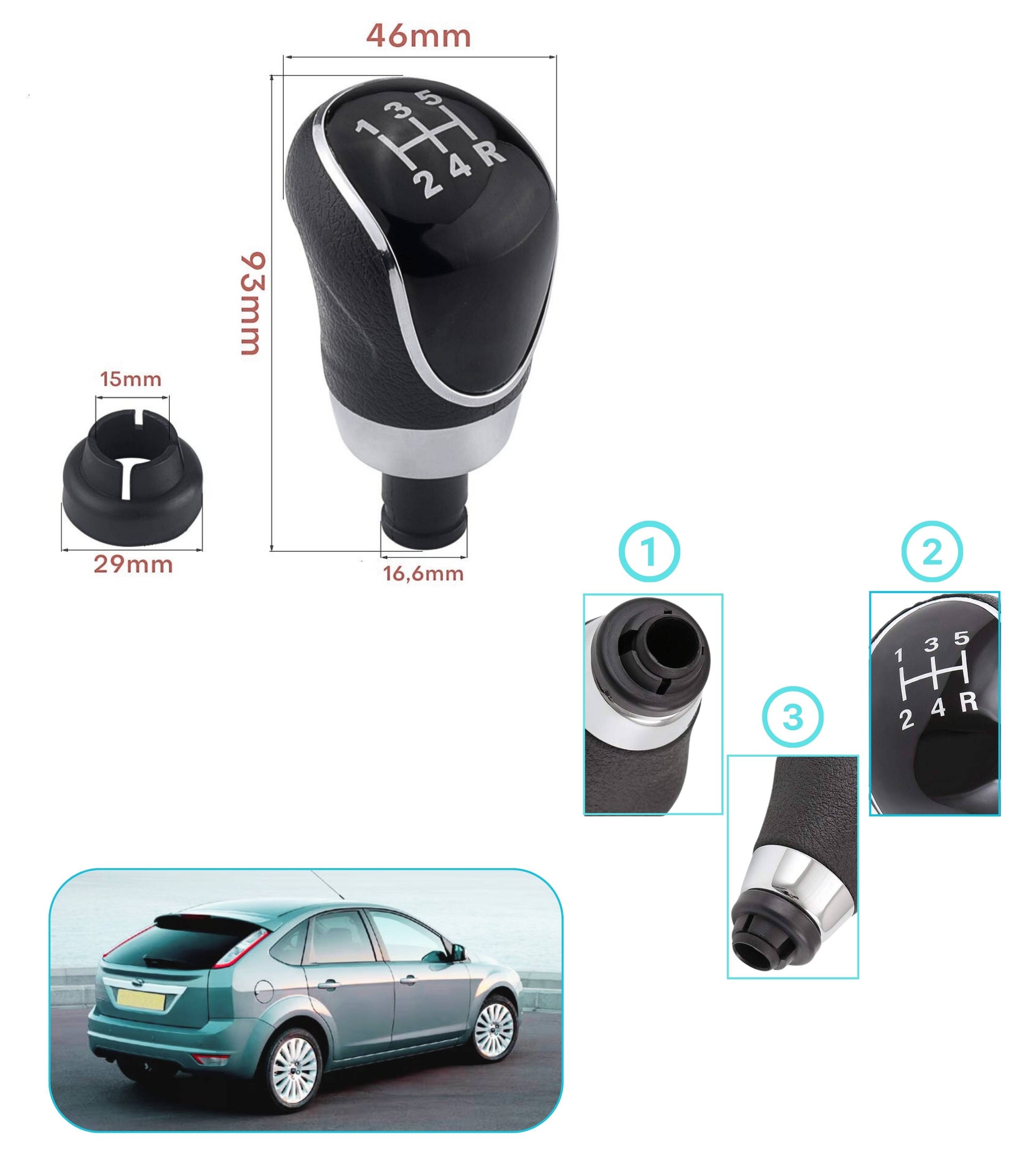 1neiSmartech 5 Speed ​​Gear Knob Frame and Cap Kit, Set Compatible with Ford Focus MK2 MKII 2004-2009 and Ford Fiesta MK6 2008-2012 (small frame)